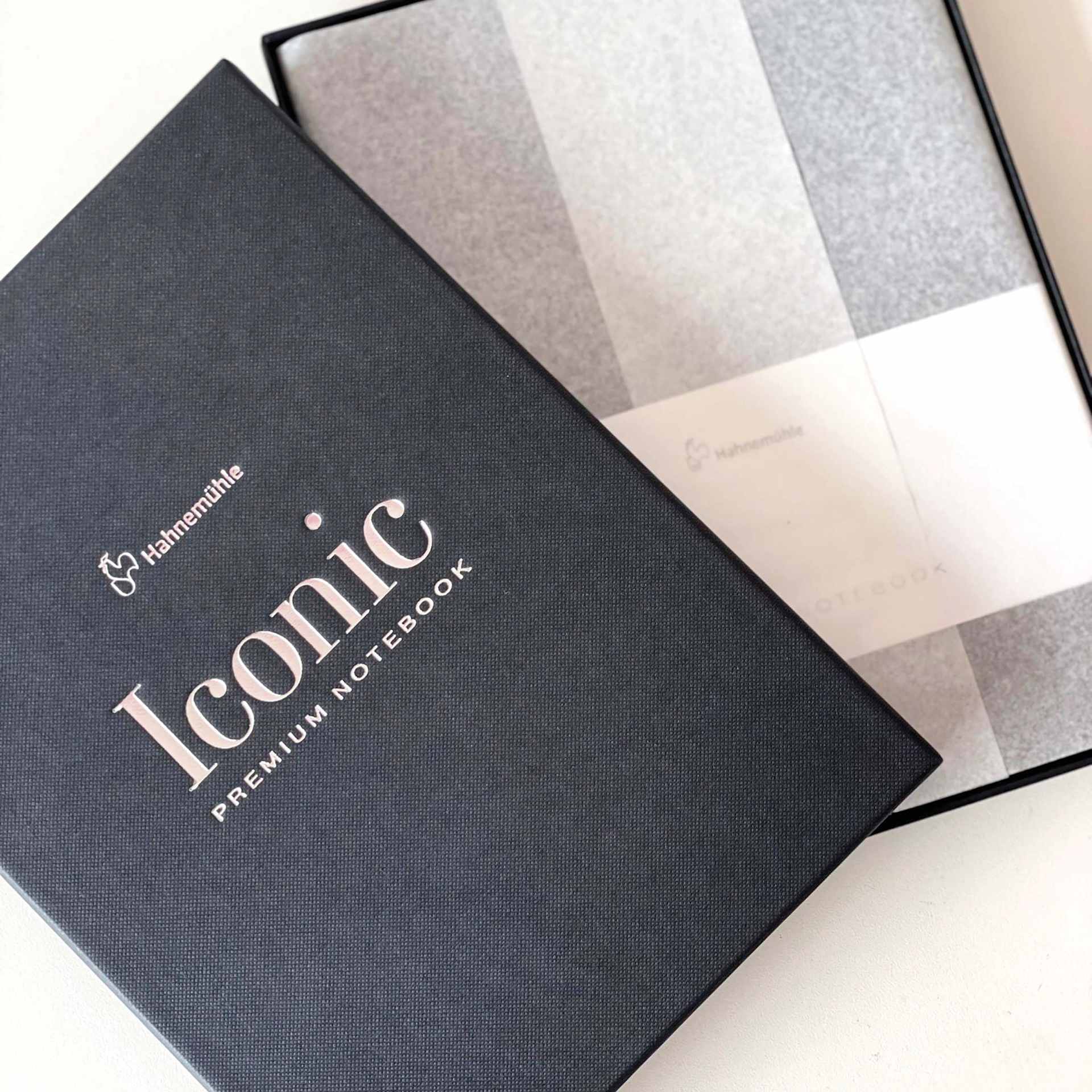 Hahnemuhle Iconic Premium Notebook - Dot Grid, A5, Black, 192 Pages, open packaging