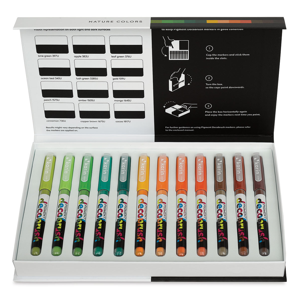 Karin Pigment Decobrush Markers - Nature Colors, Set of 12 (box open with markers)