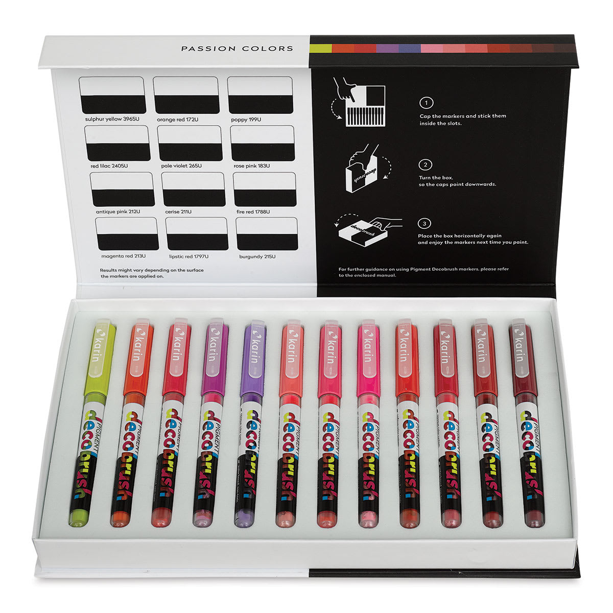 Karin Pigment Decobrush Markers - Passion Colors, Set of 12 (box open with markers)