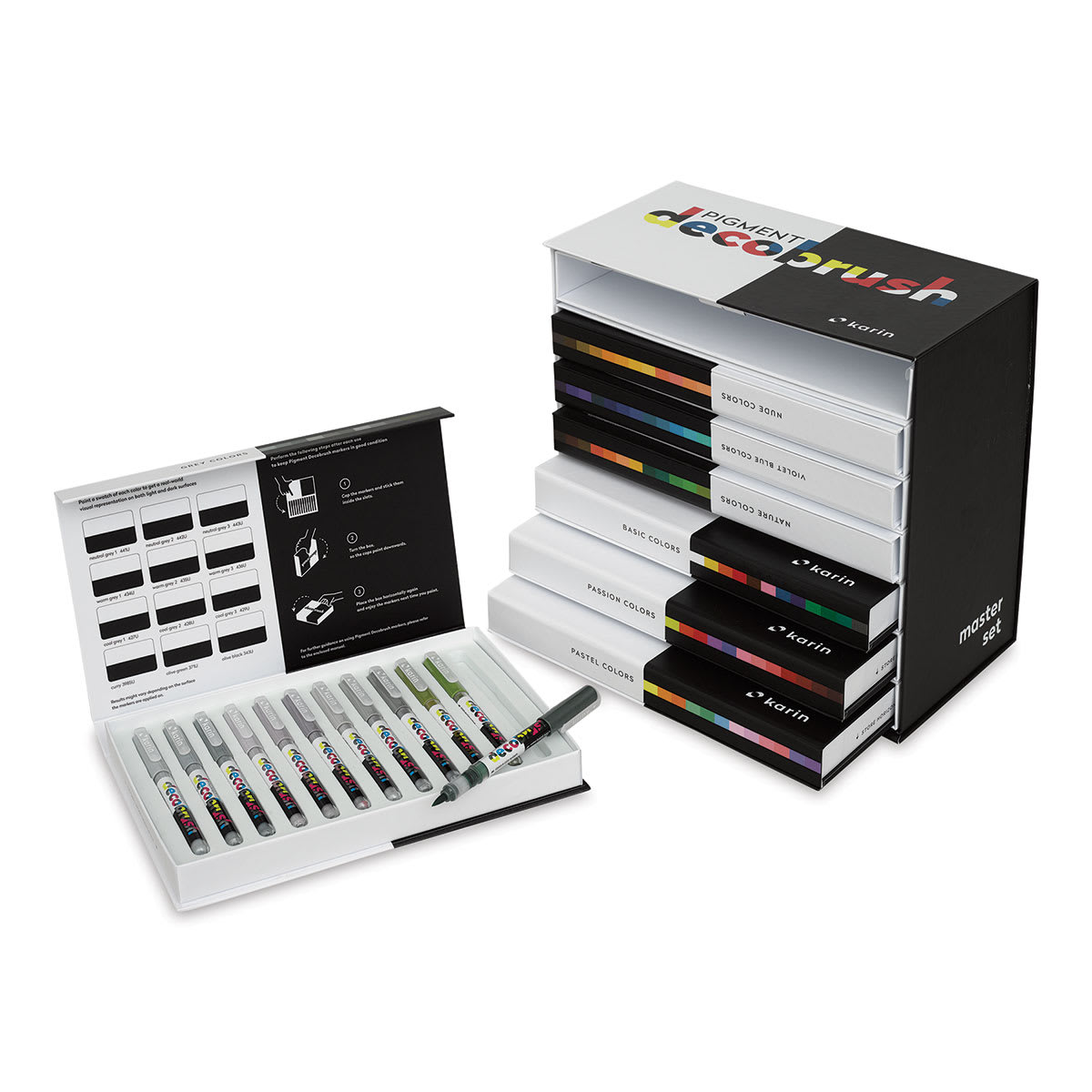 Karin Pigment Decobrush Markers - Master Colors, Set of 84 (with the Set of Grey open)