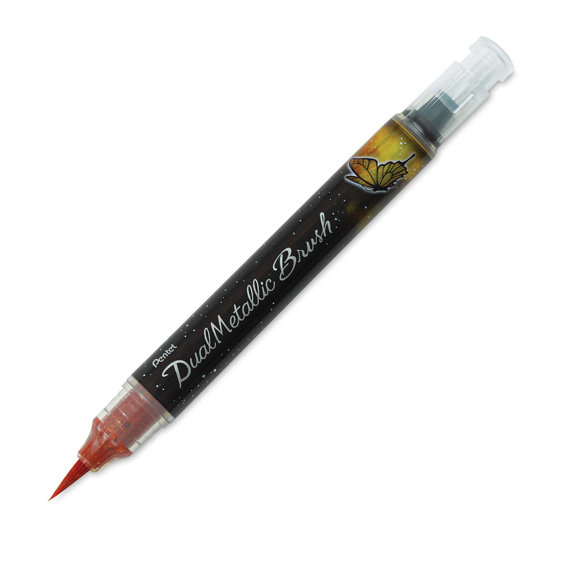 Pentel Arts Dual Metallic Brush Pen - Orange/Metallic Yellow (with cap off)