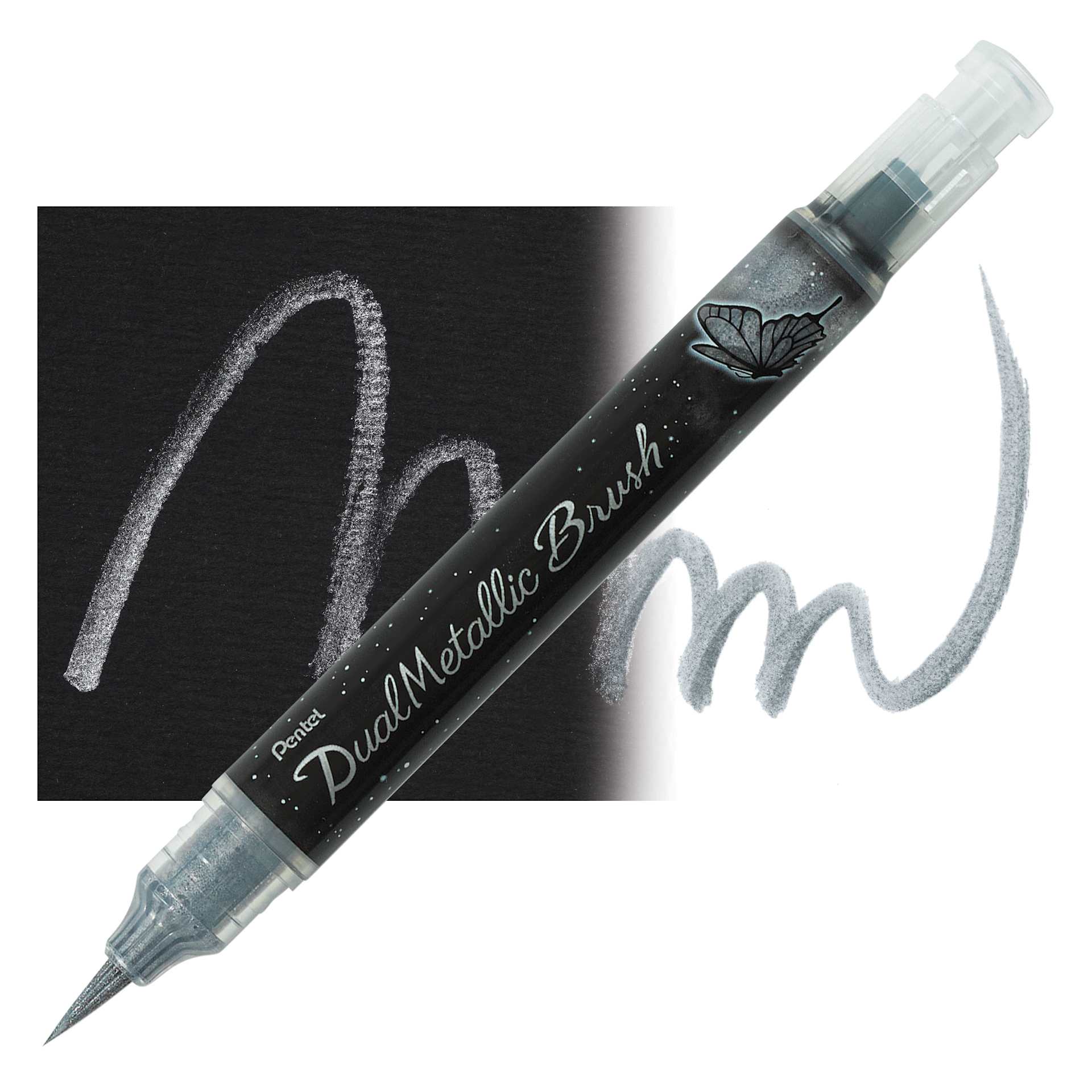 Pentel Arts Dual Metallic Brush Pen - Silver pen and swatch