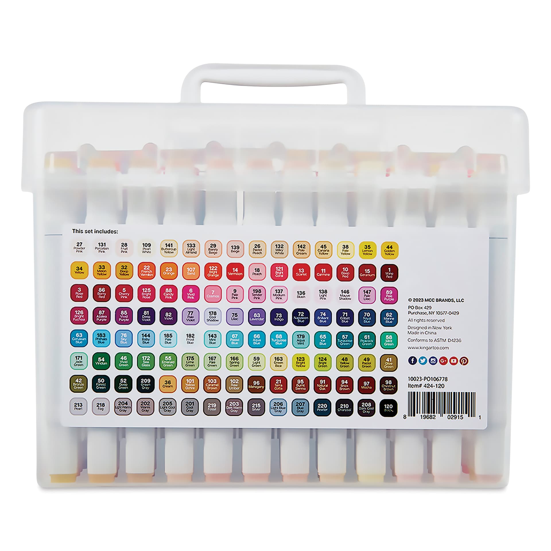 Kingart Pro Double-Ended Art Alcohol Markers - Vivid Assortment, Set of 120, back fo the packaging