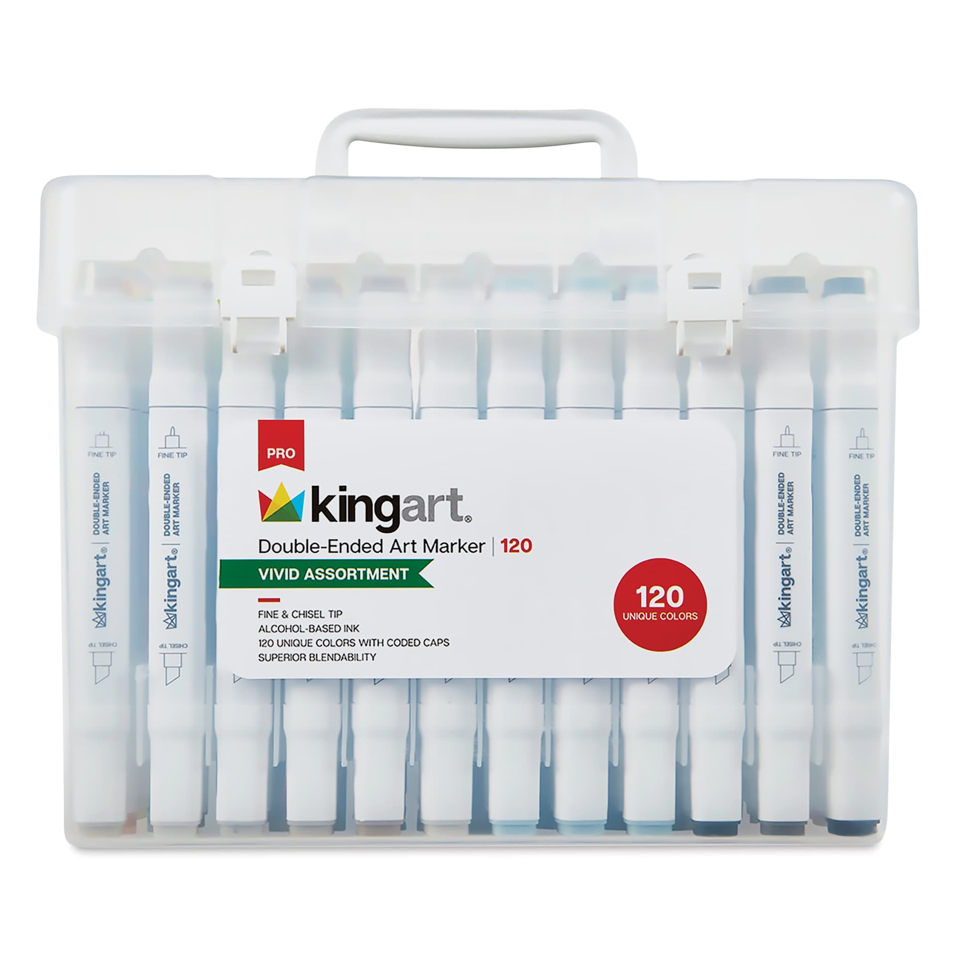 Kingart Pro Double-Ended Art Alcohol Markers - Vivid Assortment, Set of 120, front of the packaging