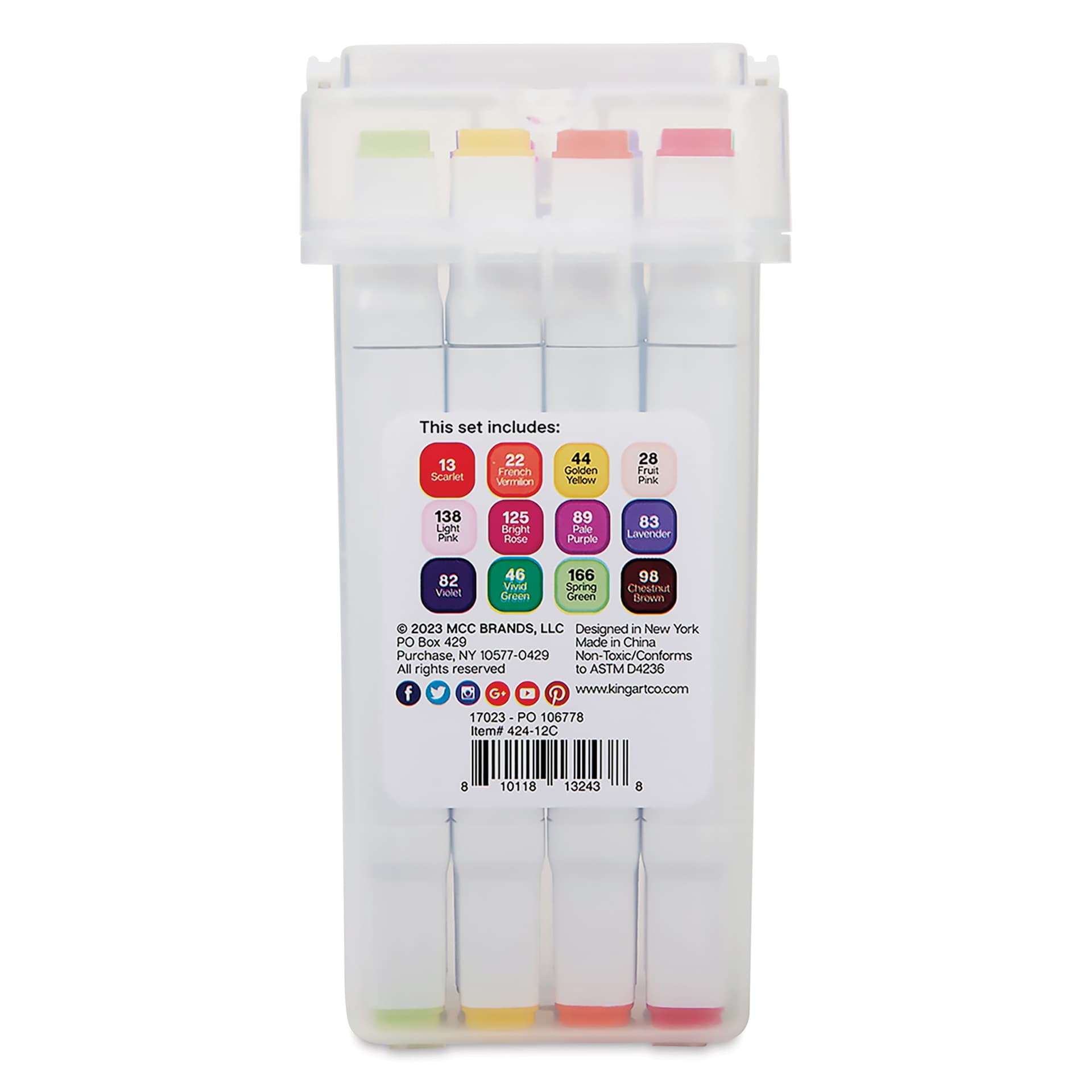 Kingart Pro Double-Ended Art Alcohol Markers - Floral Palette, Set of 12, back of the packaging