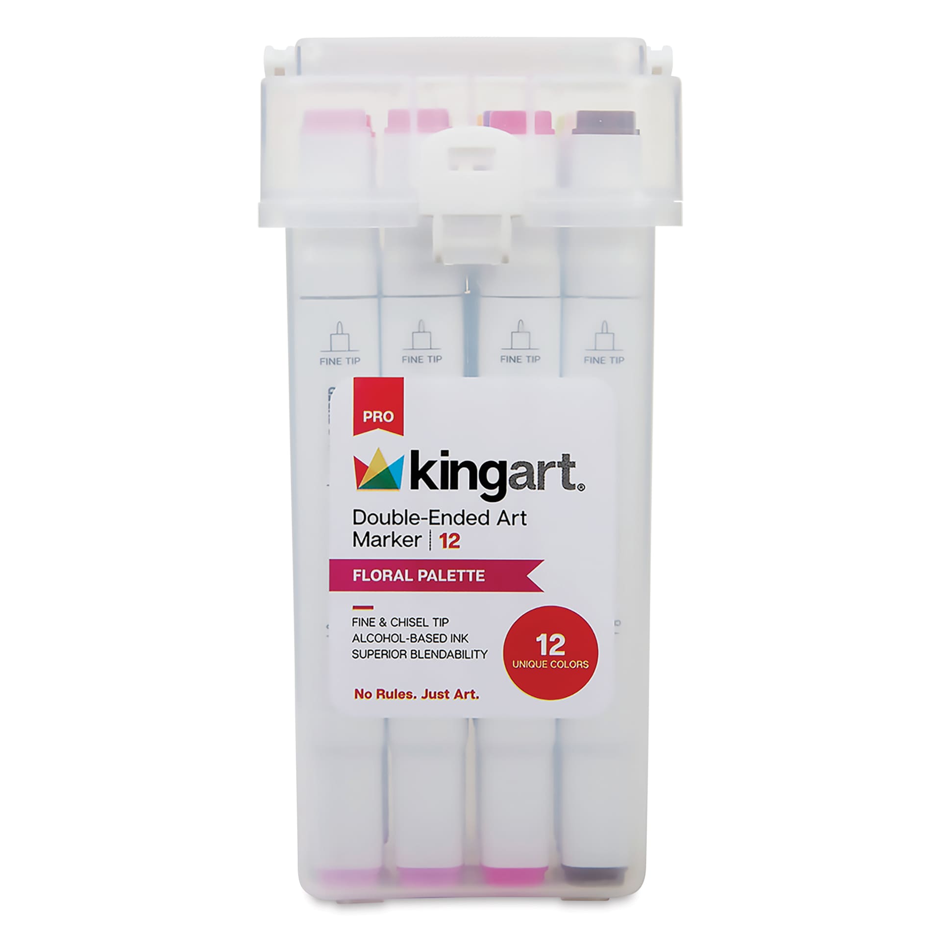 Kingart Pro Double-Ended Art Alcohol Markers - Floral Palette, Set of 12, front of the packaging