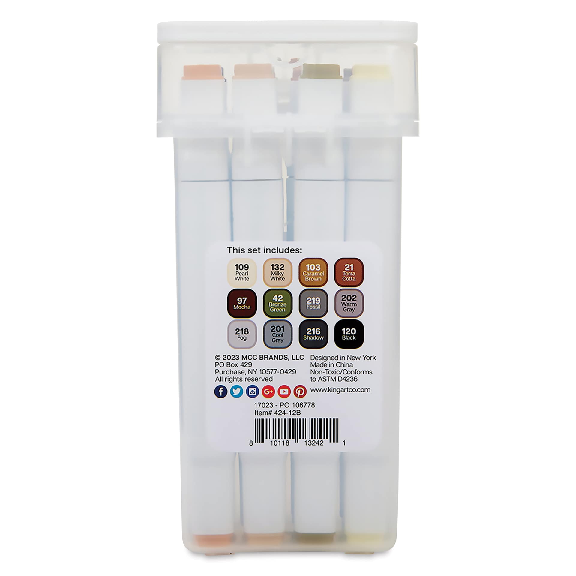 Kingart Pro Double-Ended Art Alcohol Markers - Neutral Palette, Set of 12, back of the packaging