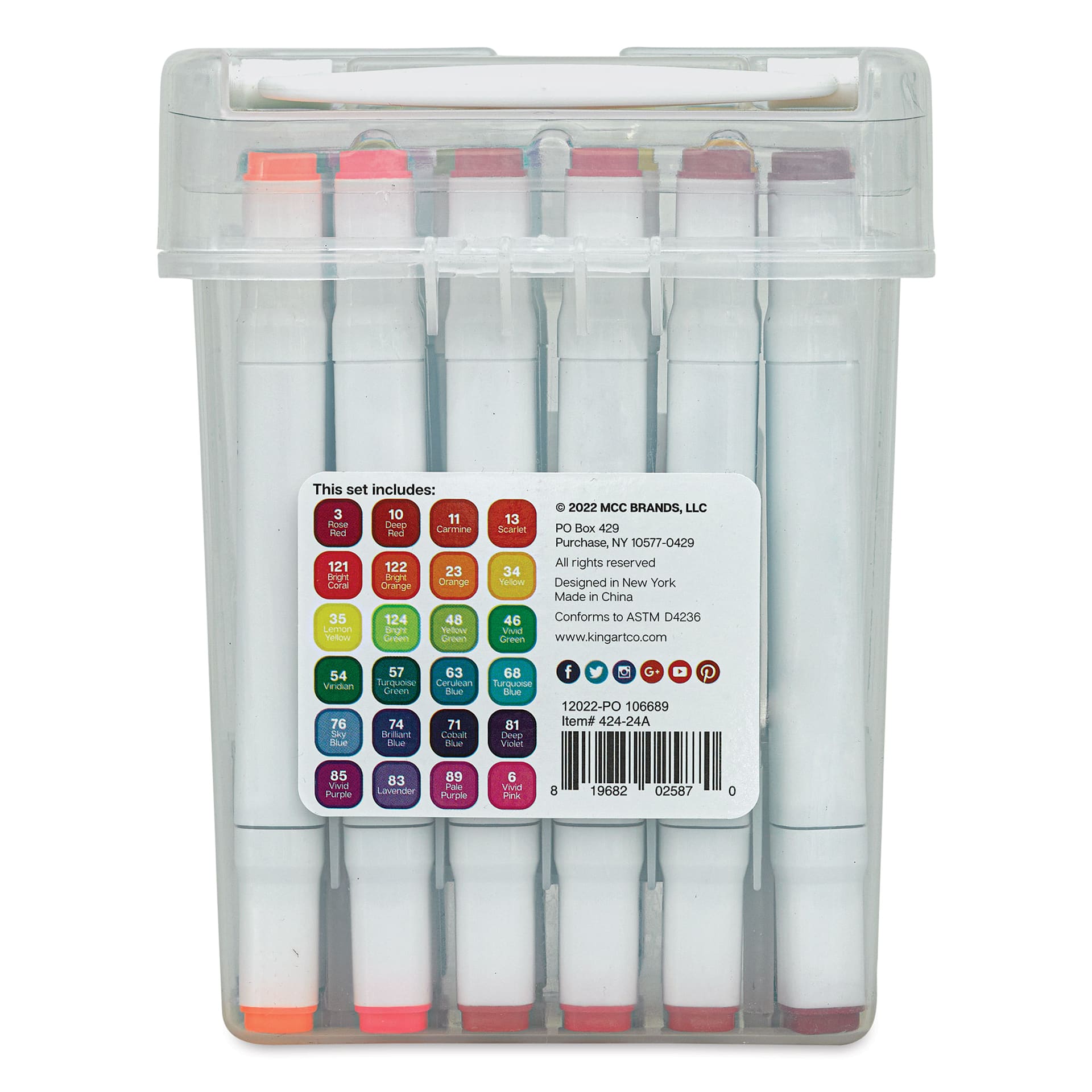 Kingart Pro Double-Ended Art Alcohol Markers - Bright, Set of 24 (back of package)