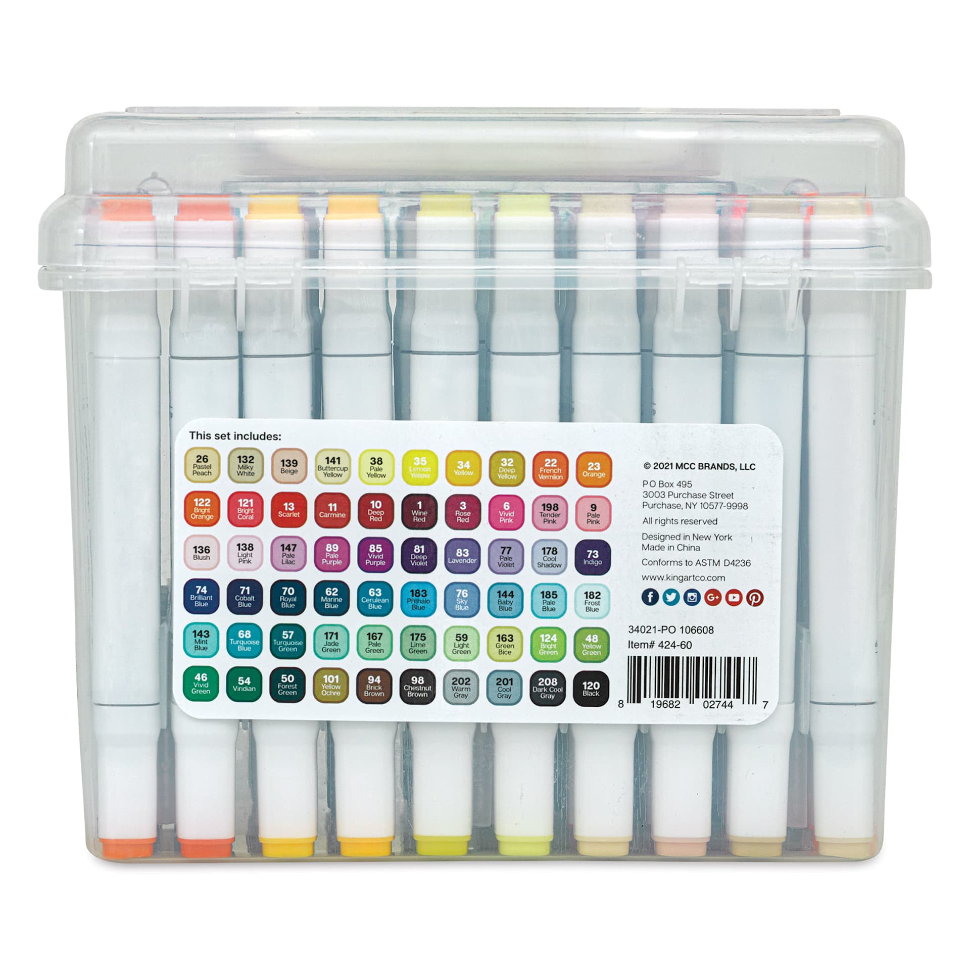 Kingart Pro Double-Ended Art Alcohol Markers - Assorted, Set of 60 (back of package)