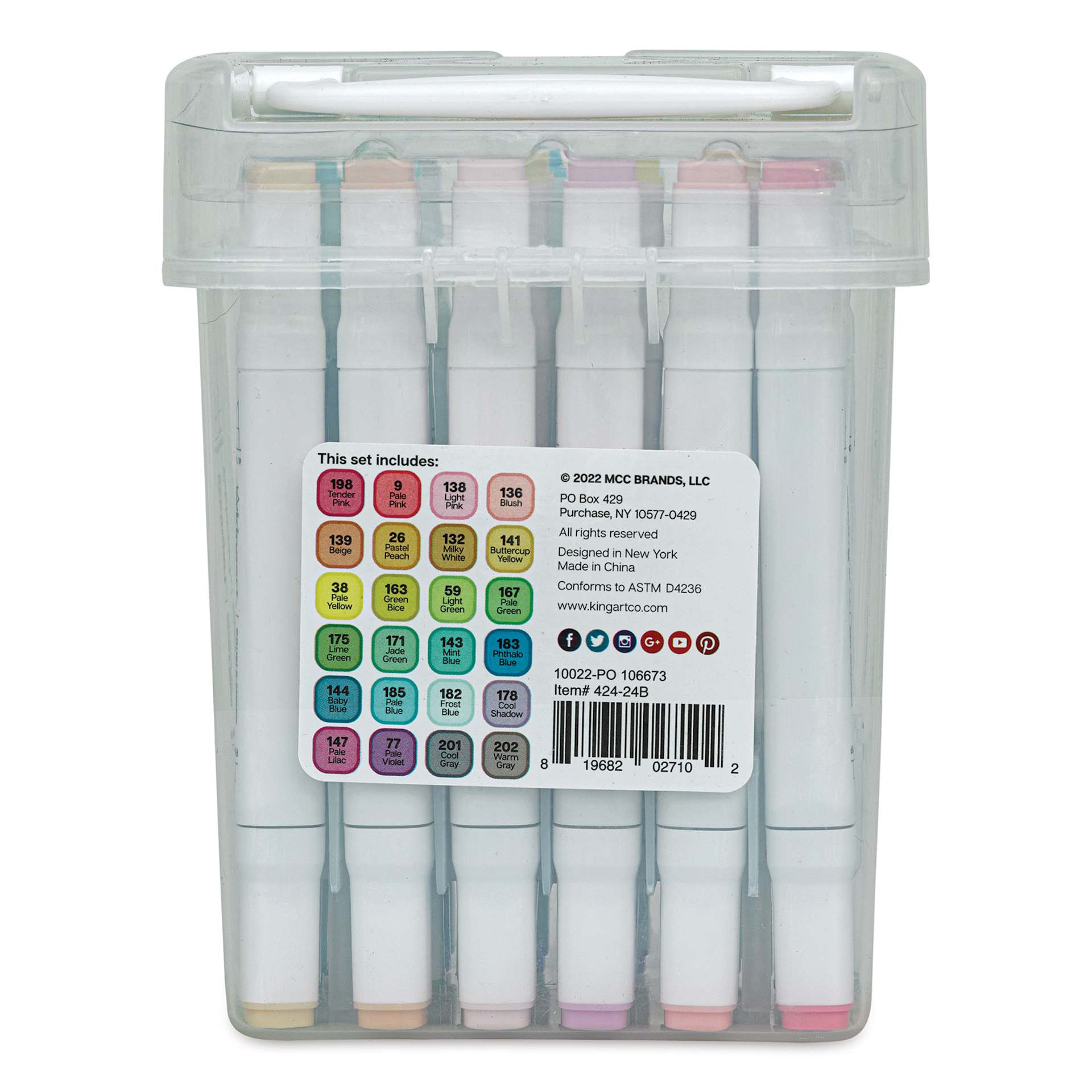 Kingart Pro Double-Ended Art Alcohol Markers - Pastel, Set of 24 (back of package)