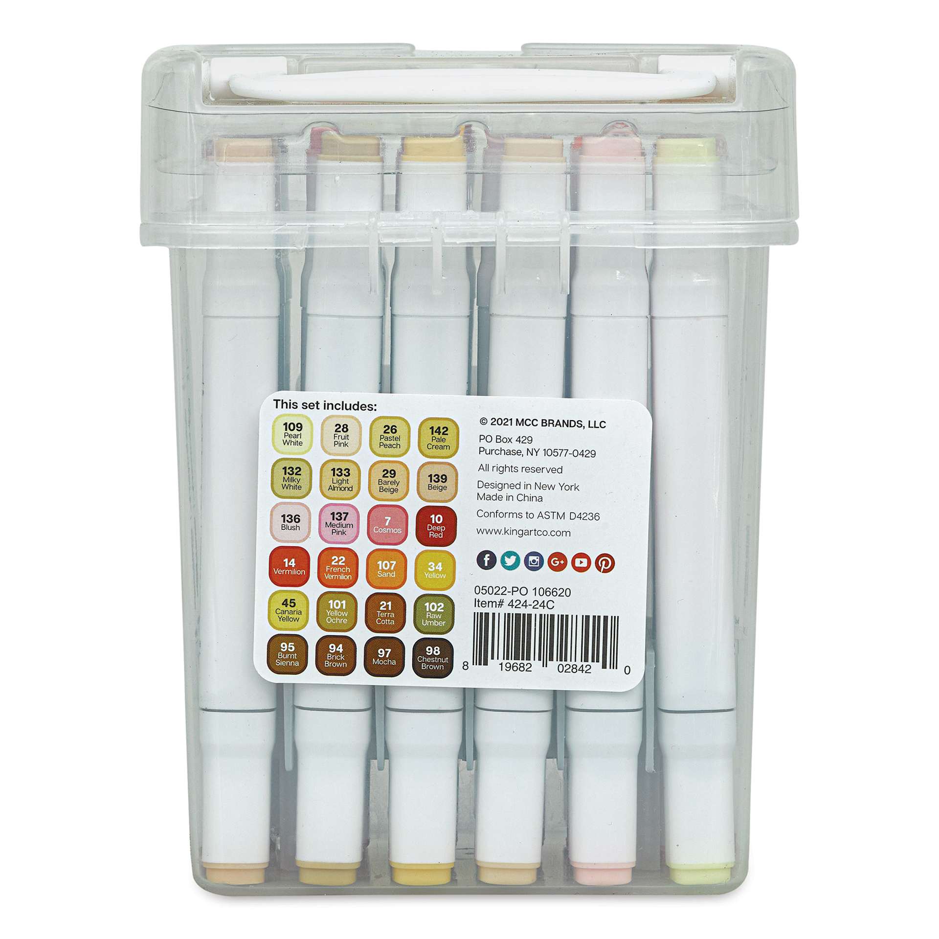 Kingart Pro Double-Ended Art Alcohol Markers - Portrait, Set of 24 (back of package)