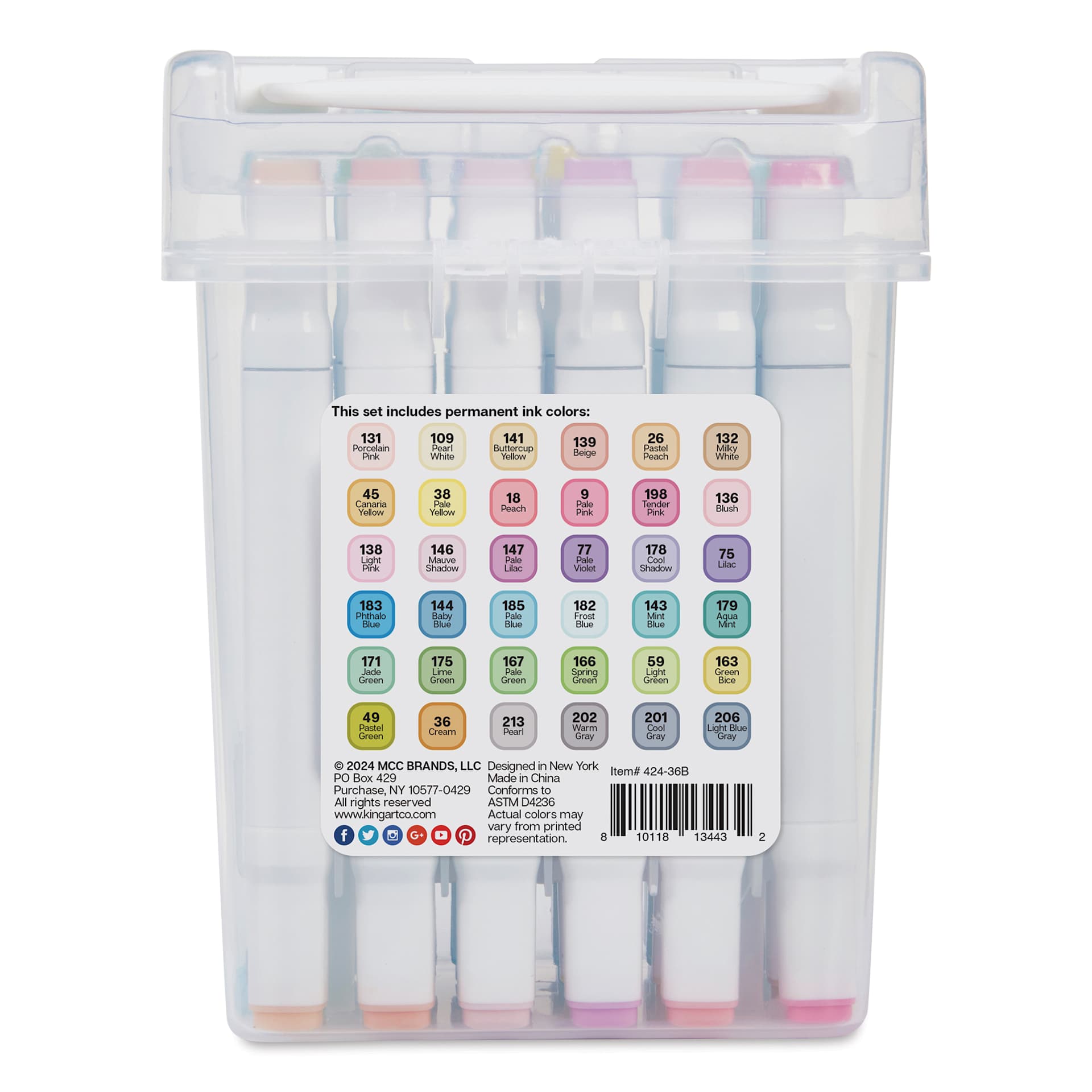 Kingart Pro Double-Ended Art Alcohol Markers - Pastel Palette, Set of 36 - back of packaging