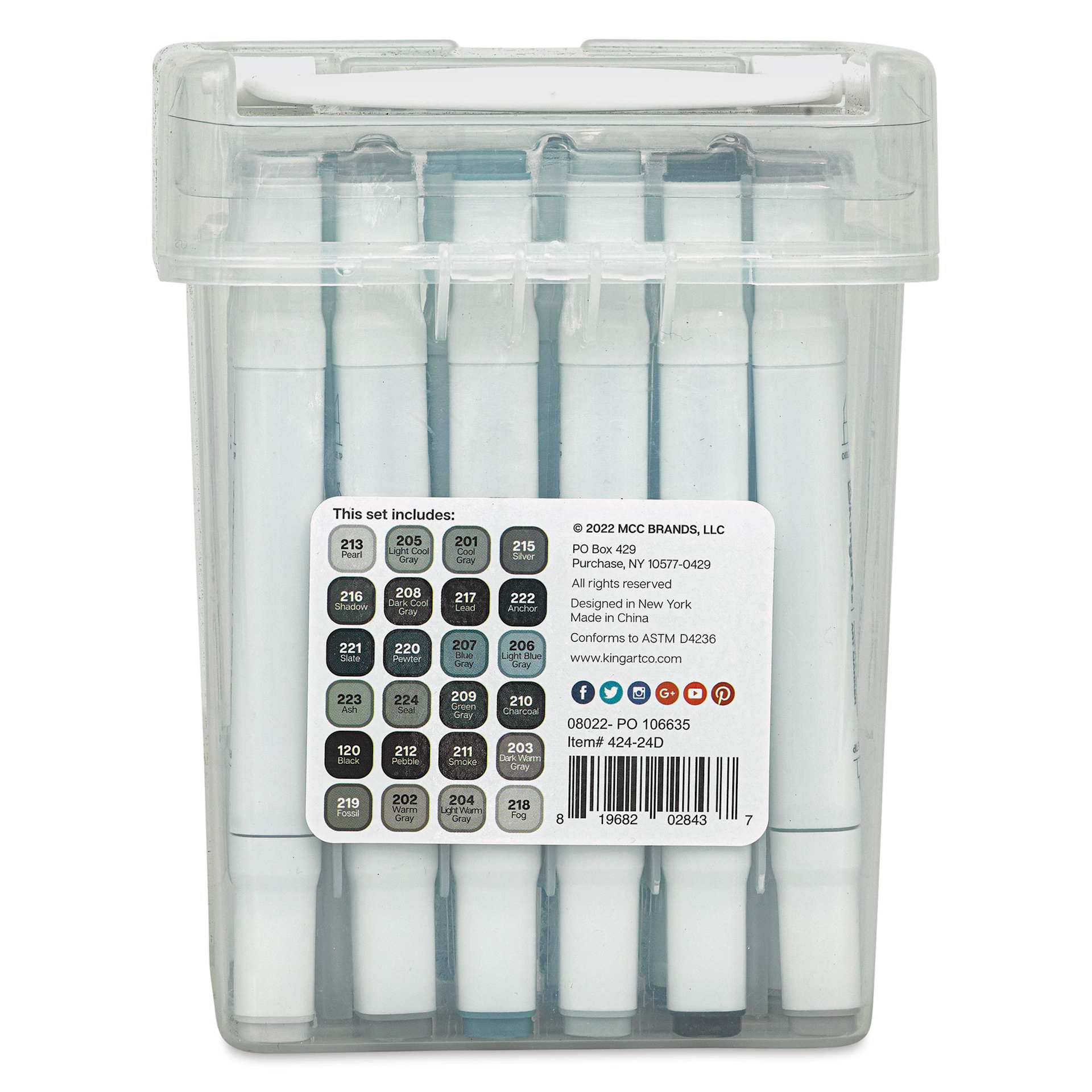 Kingart Pro Double-Ended Art Alcohol Markers - Grey Tones, Set of 24 (back of package)