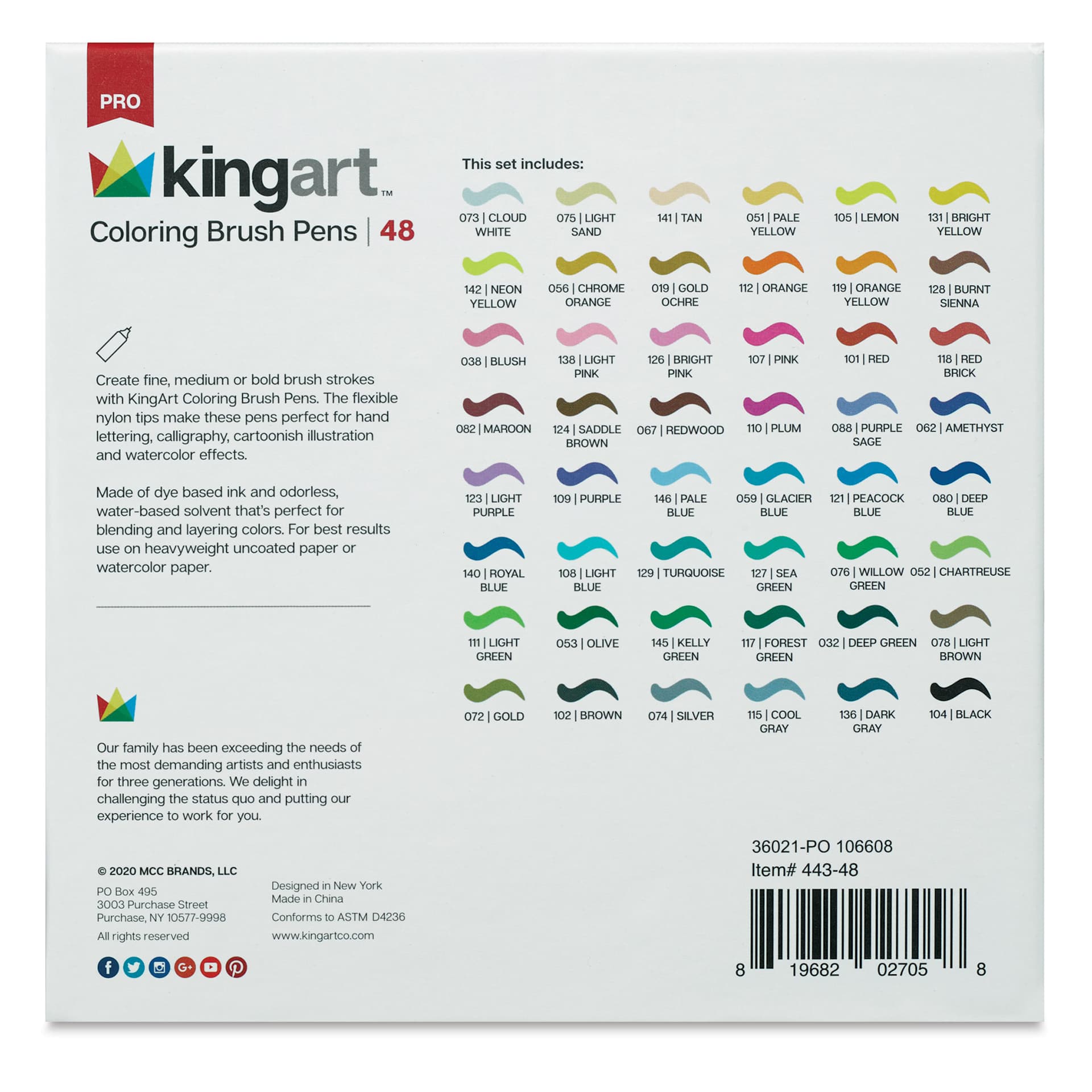 Kingart Pro Coloring Brush Pens - Set of 48 (back of package)
