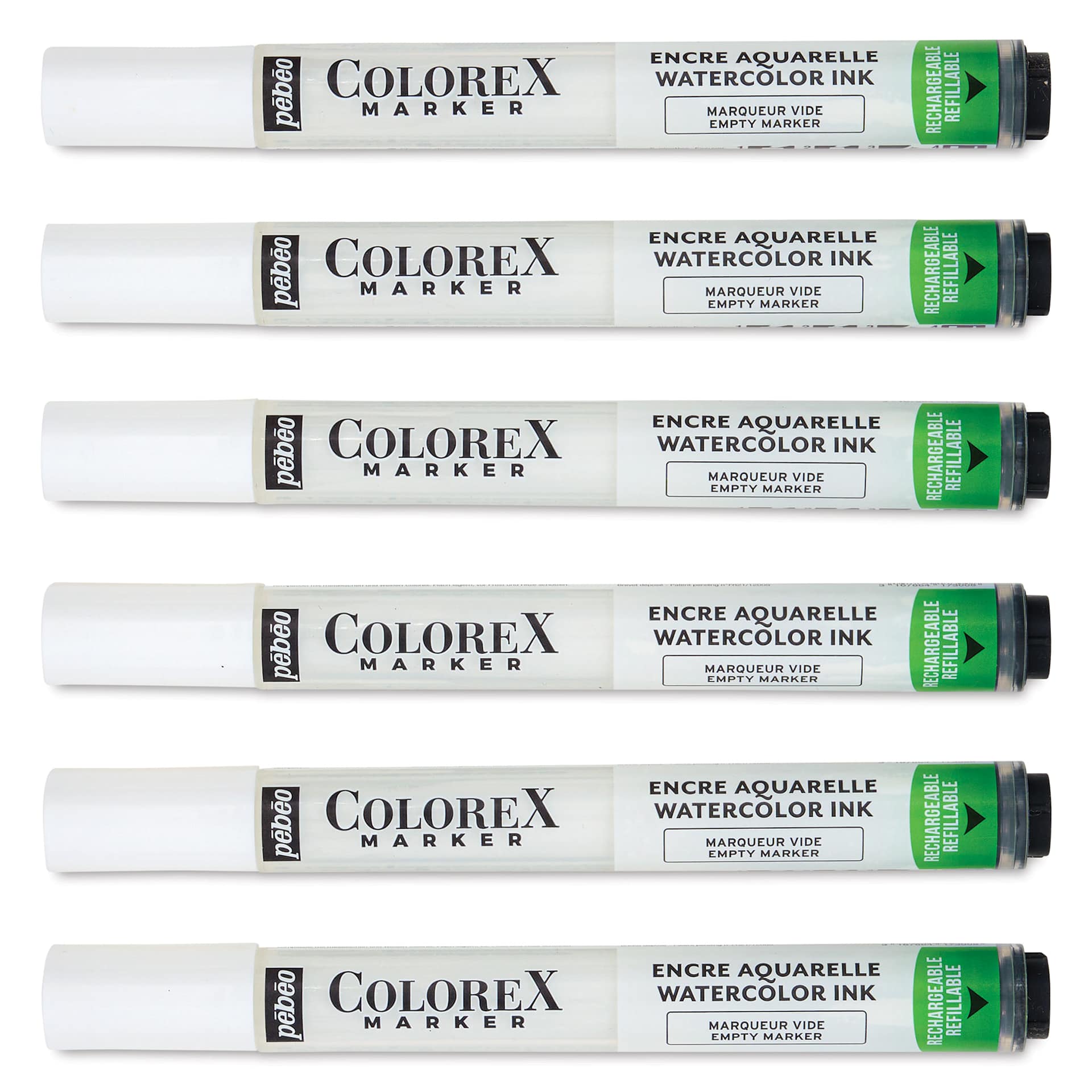 Pebeo Colorex Empty Markers - Set of 6, laid out cap on