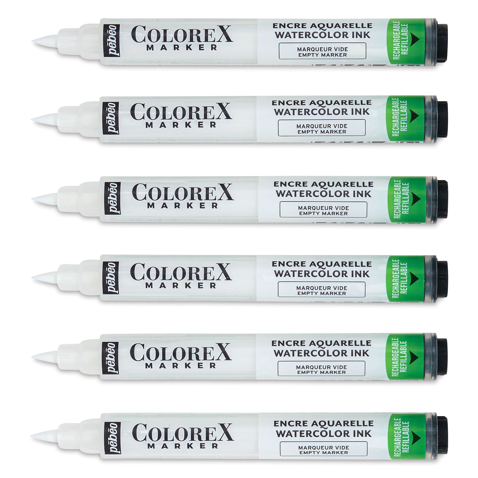 Pebeo Colorex Empty Markers - Set of 6, laid out with caps off