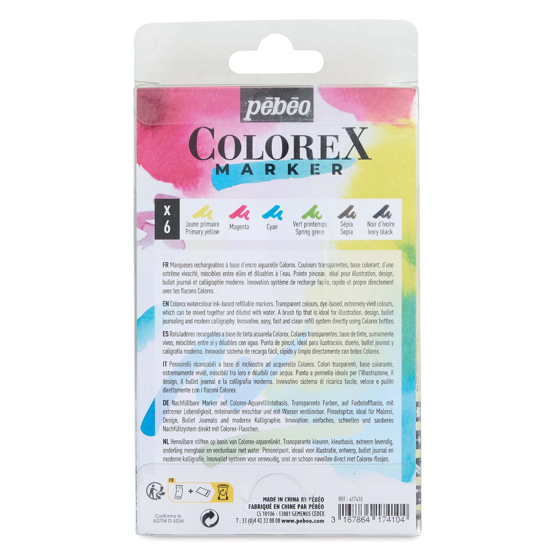 Pebeo Colorex Refillable Markers - Set of 6, Essentials, back of packaging