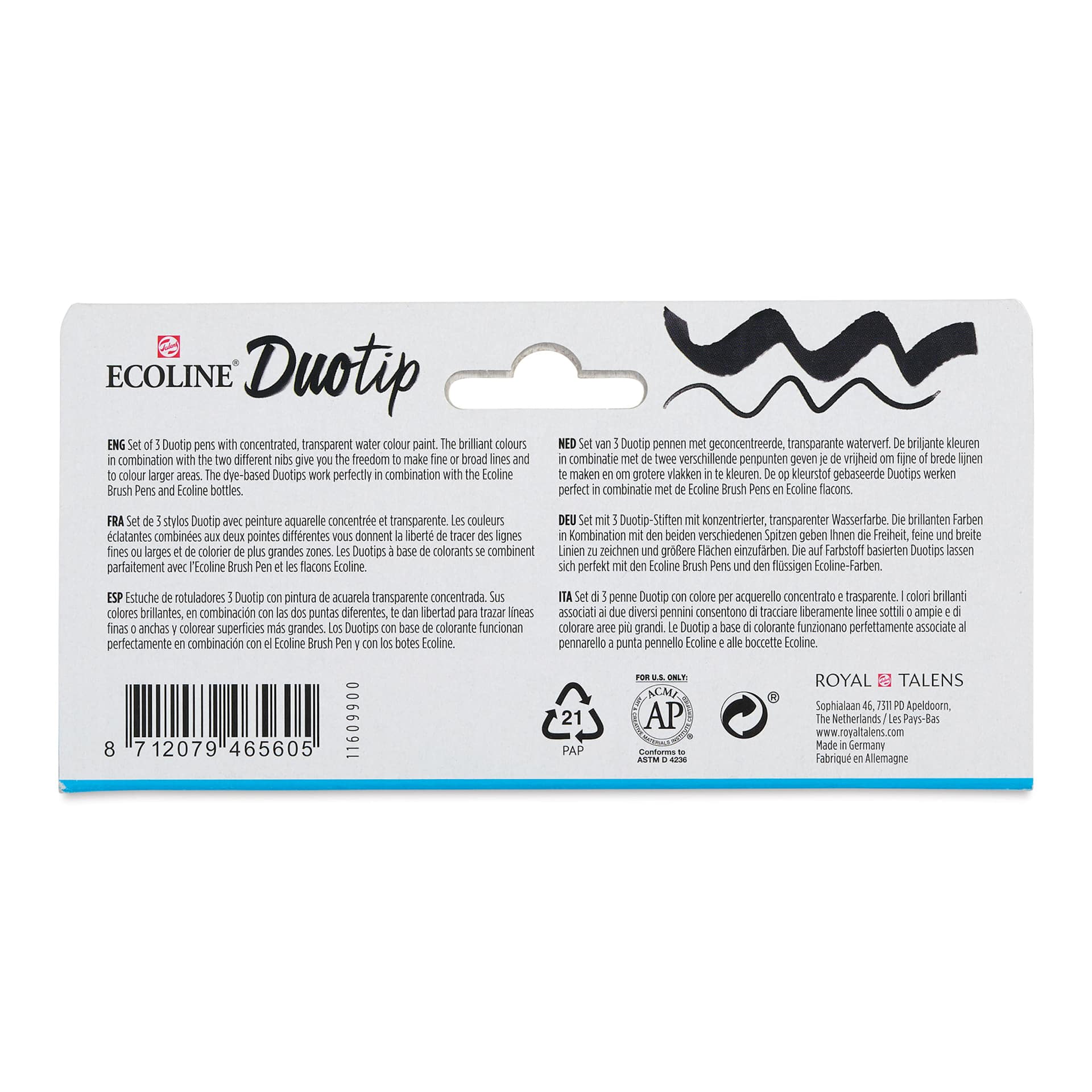 Royal Talens Ecoline DuoTip Markers - Primary, Set of 3 back of package
