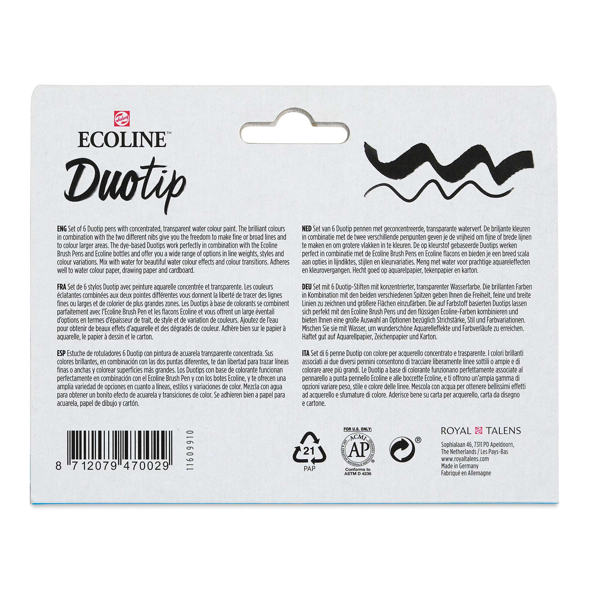Royal Talens Ecoline DuoTip Markers - Basic, Set of 6 back of package