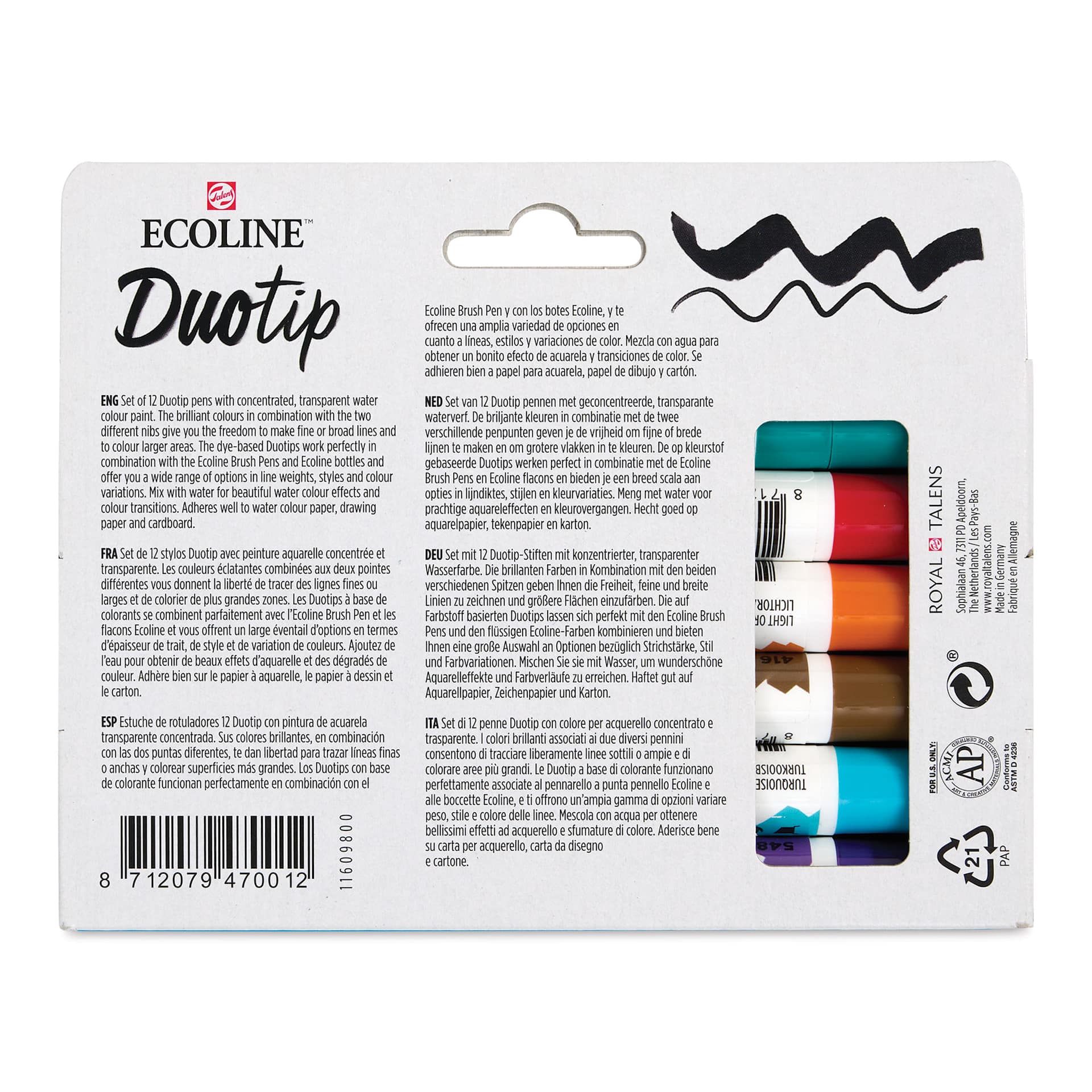Royal Talens Ecoline DuoTip Markers - Basic, Set of 12 back of package