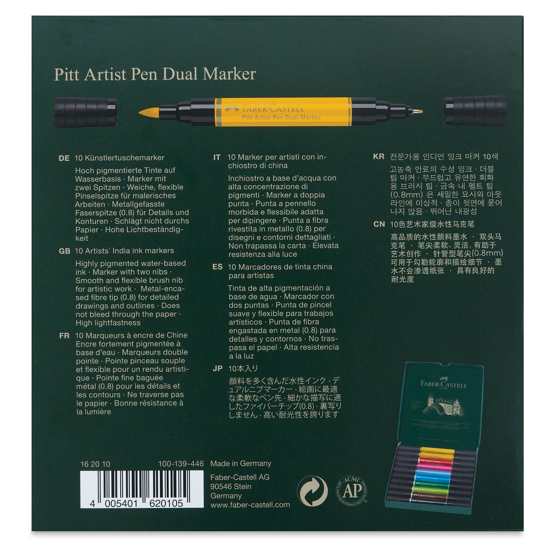 Faber-Castell Pitt Artist Pen Dual Tip Markers - Set of 10 back of package