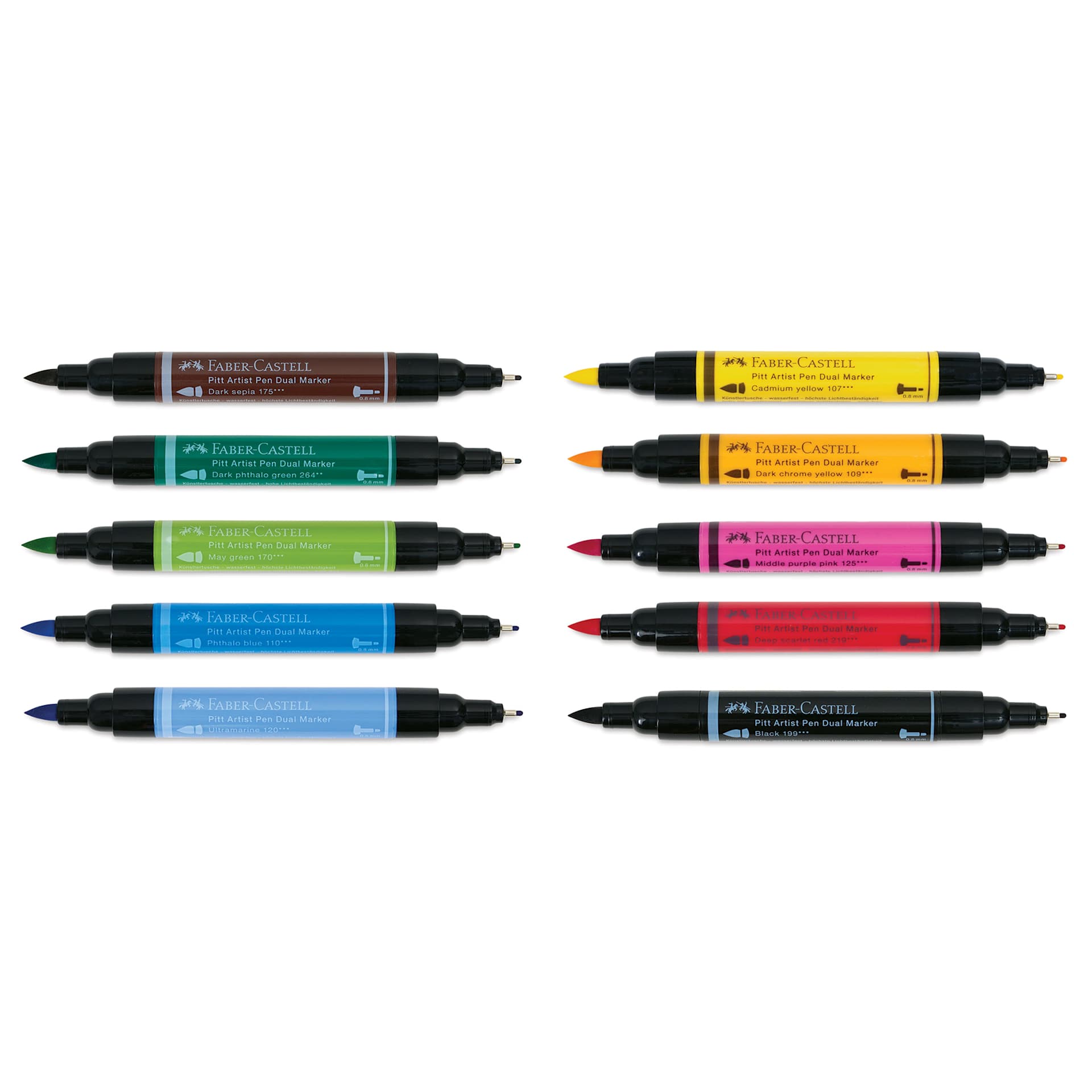 Faber-Castell Pitt Artist Pen Dual Tip Markers - Set of 10 with caps off