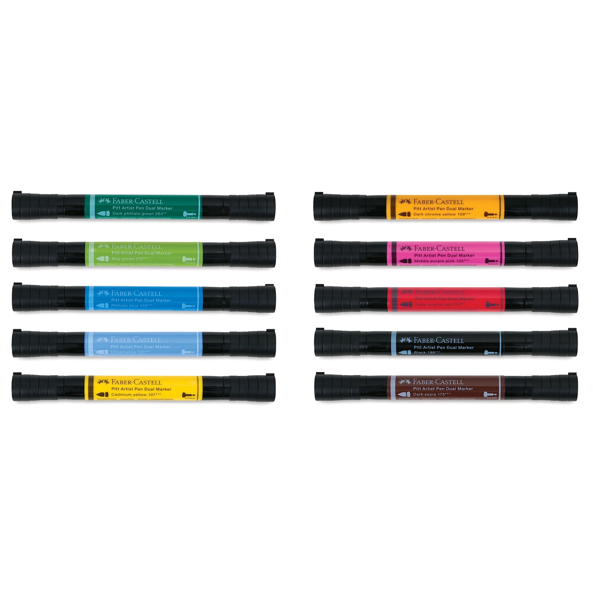 Faber-Castell Pitt Artist Pen Dual Tip Markers - Set of 10 with caps on