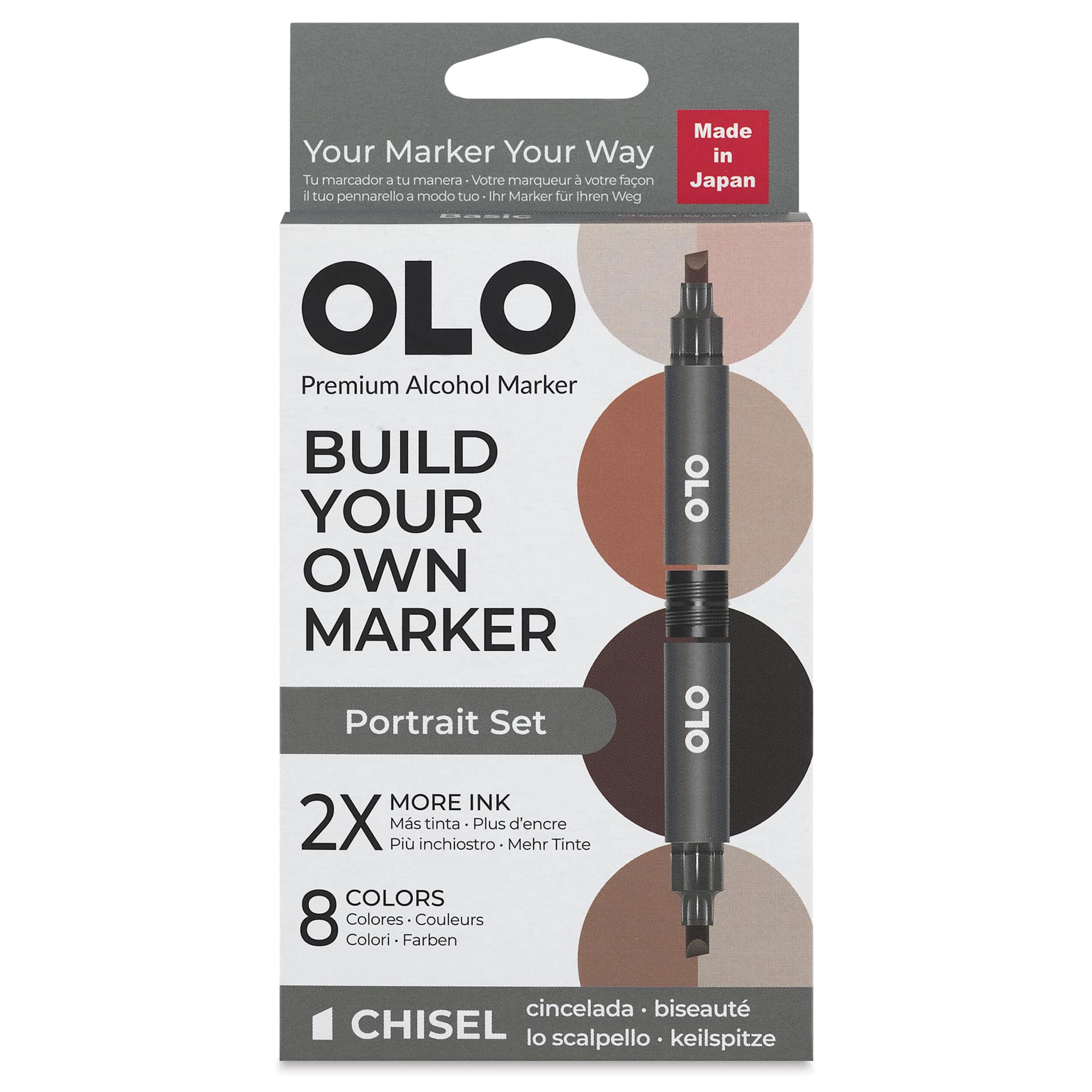 Olo Chisel Dual-Tip Markers - Set of 8, Portrait, front of the packaging