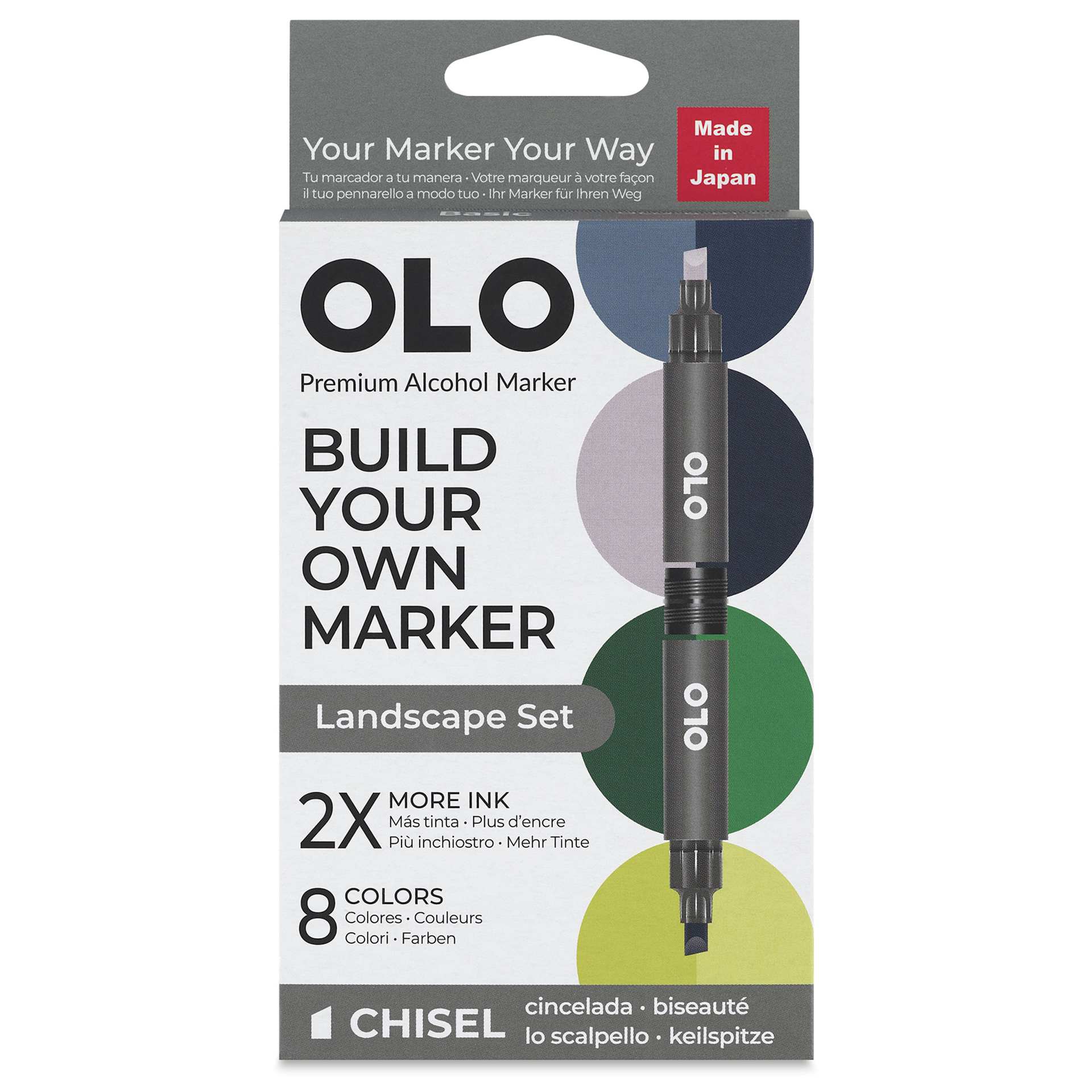 Olo Chisel Dual-Tip Markers - Set of 8, Landscape, front of the packaging