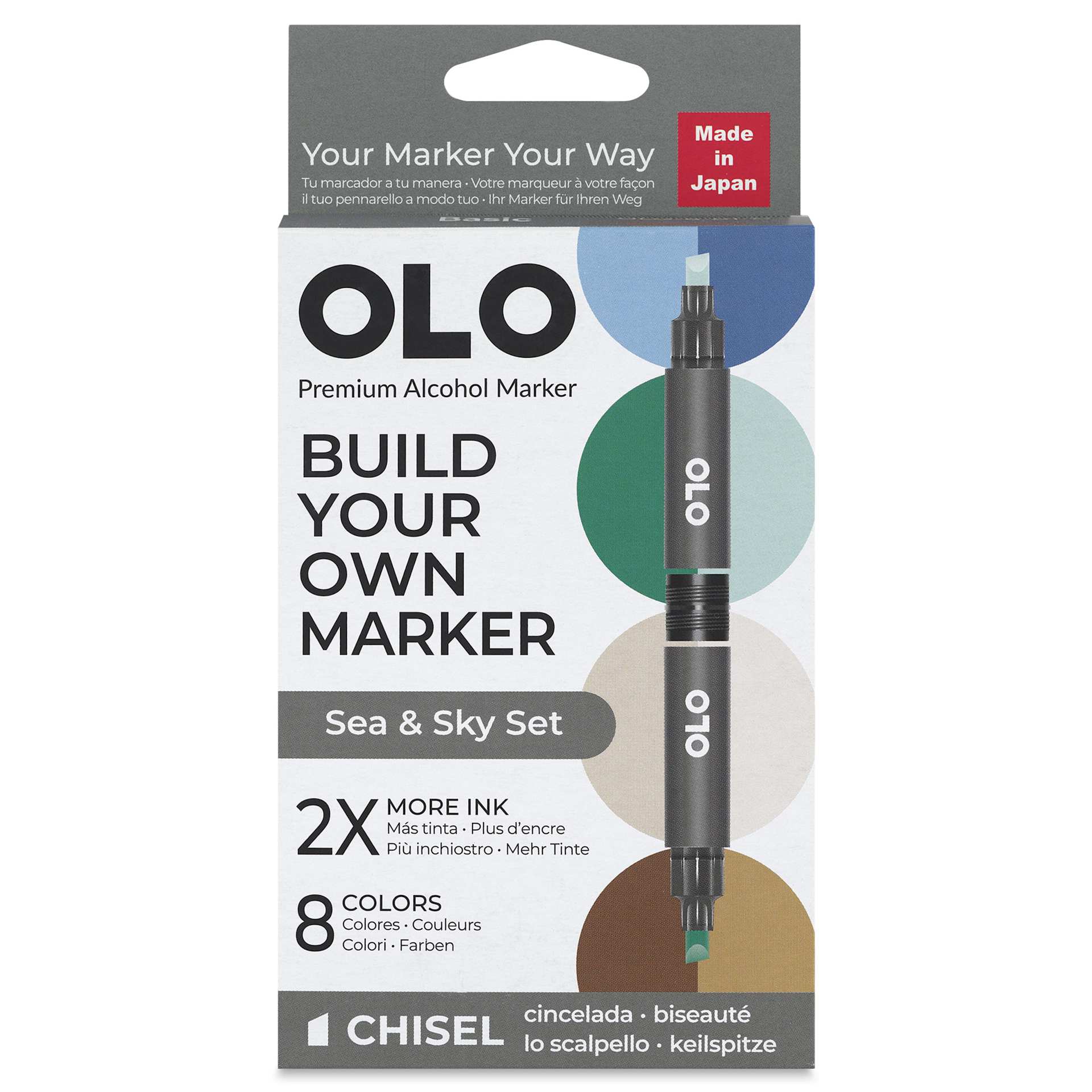 Olo Chisel Dual-Tip Markers - Set of 8, Sea and Sky, front of the packaging