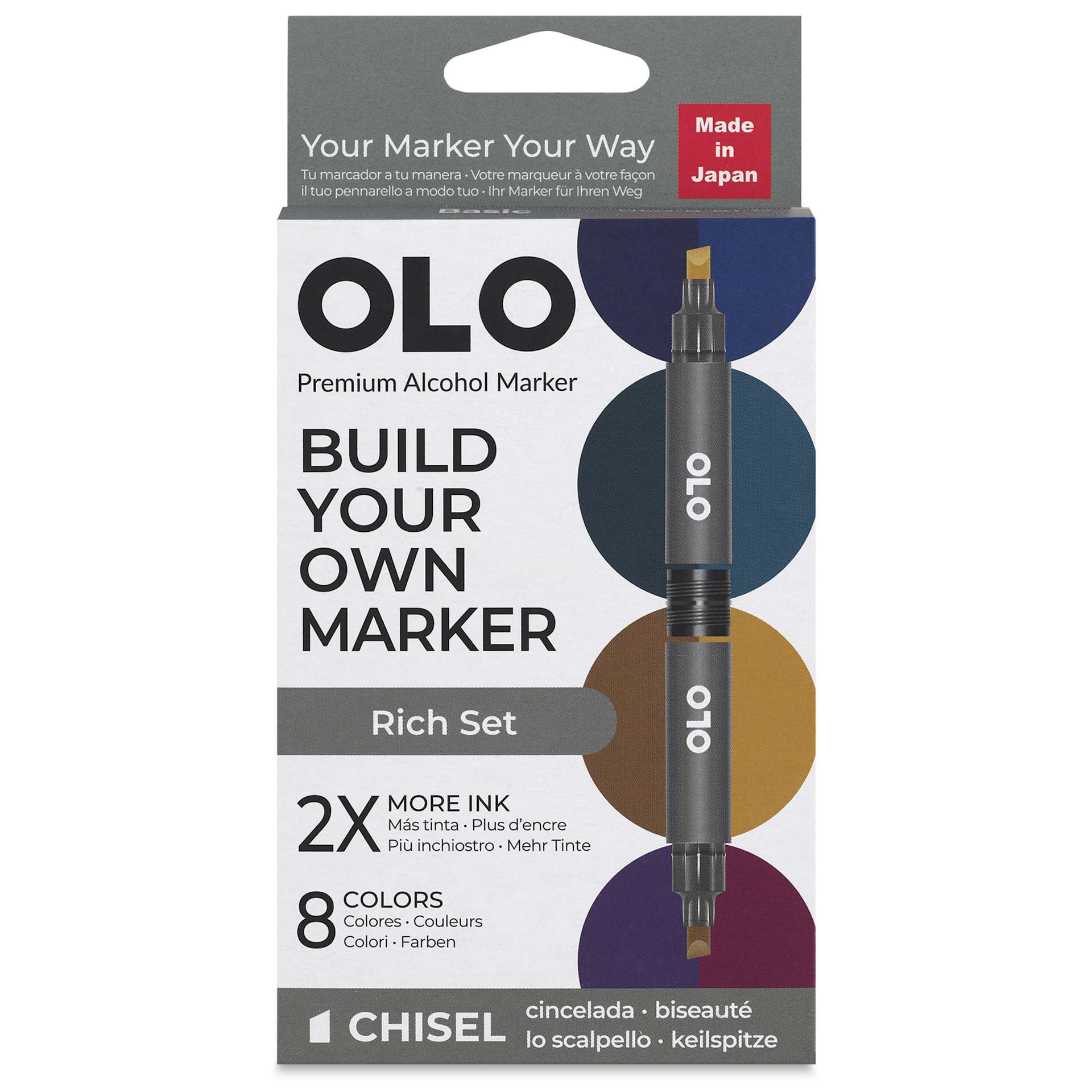 Olo Chisel Dual-Tip Markers - Set of 8, Rich, front of the packaging