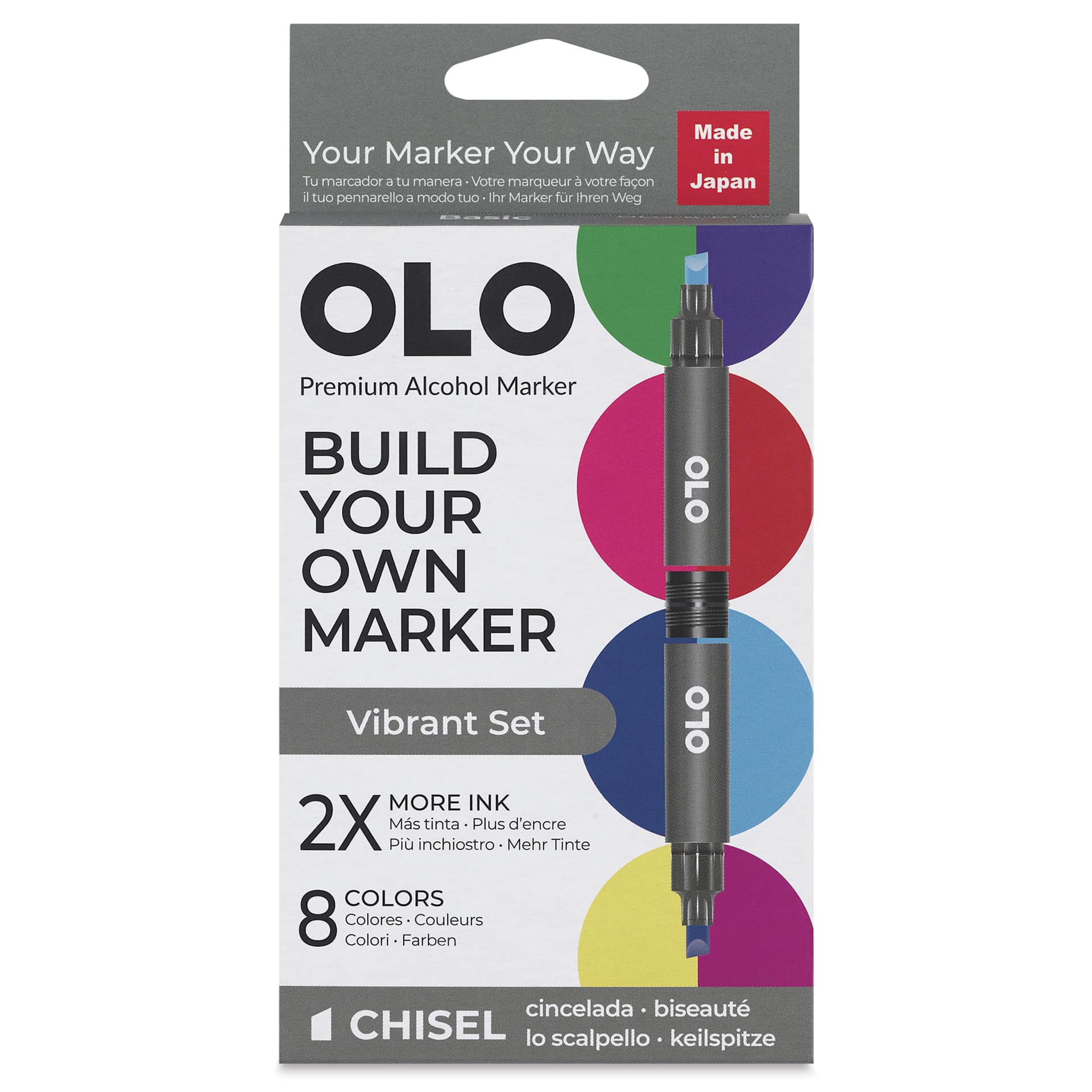 Olo Chisel Dual-Tip Markers - Set of 8, Vibrant, front of the packaging