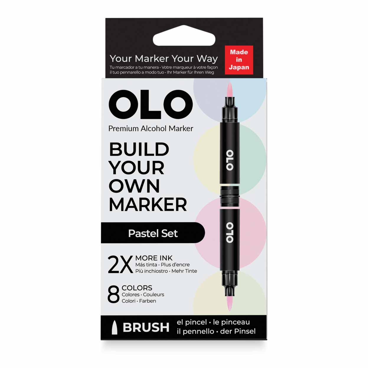 Olo Brush Dual-Tip Markers - Set of 8, Pastel, front of packaging