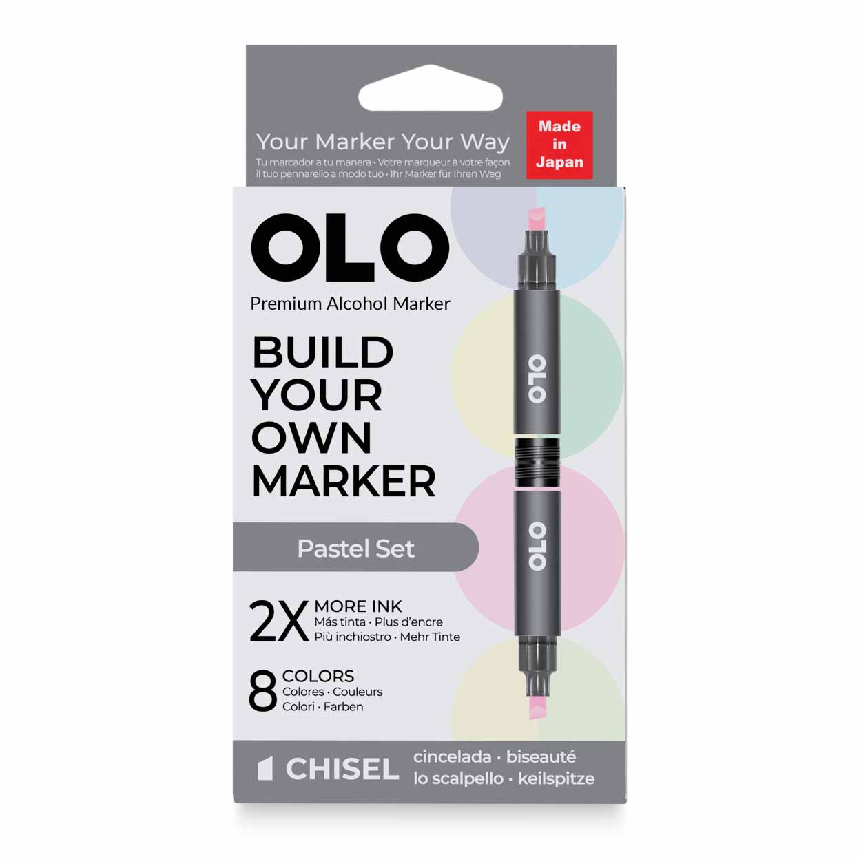 Olo Chisel Dual-Tip Markers - Set of 8, Pastel, front of packaging