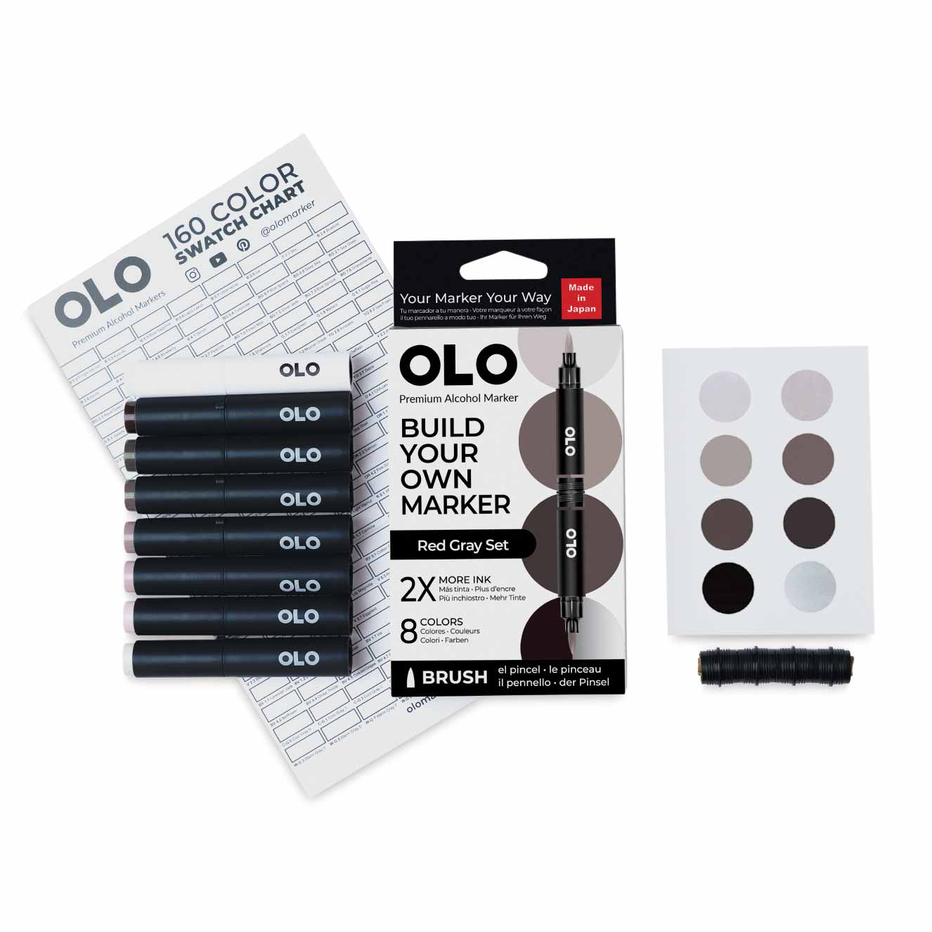 Olo Brush Dual-Tip Markers - Set of 8, Red Gray, contents with packaging