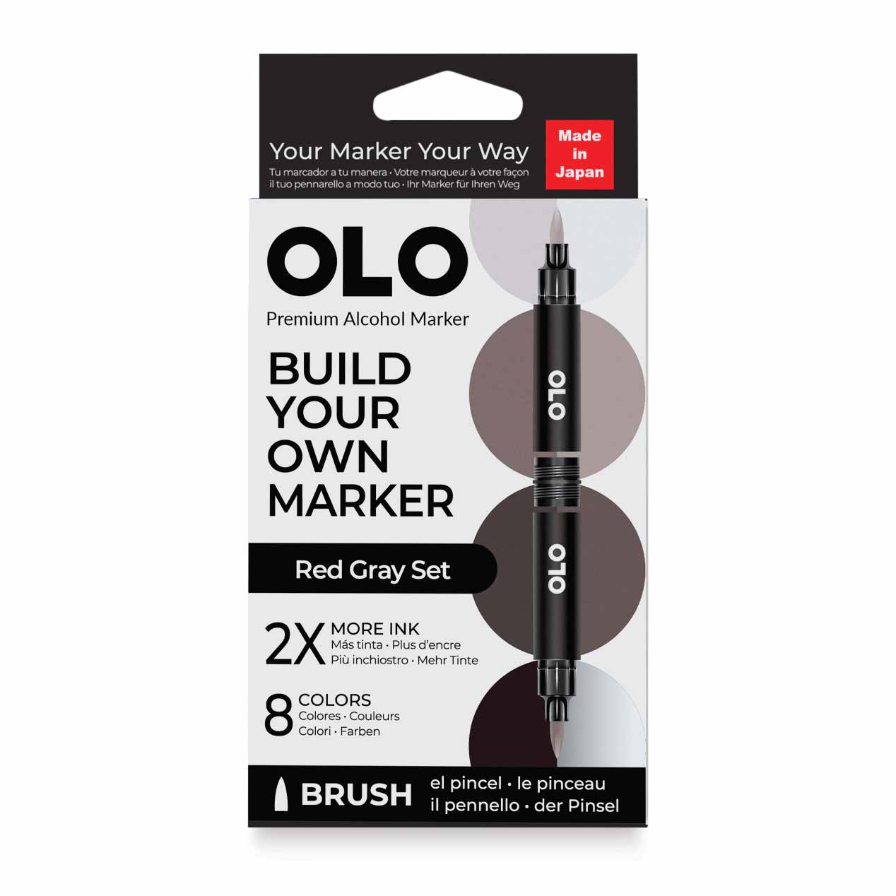 Olo Brush Dual-Tip Markers - Set of 8, Red Gray, front of packaging