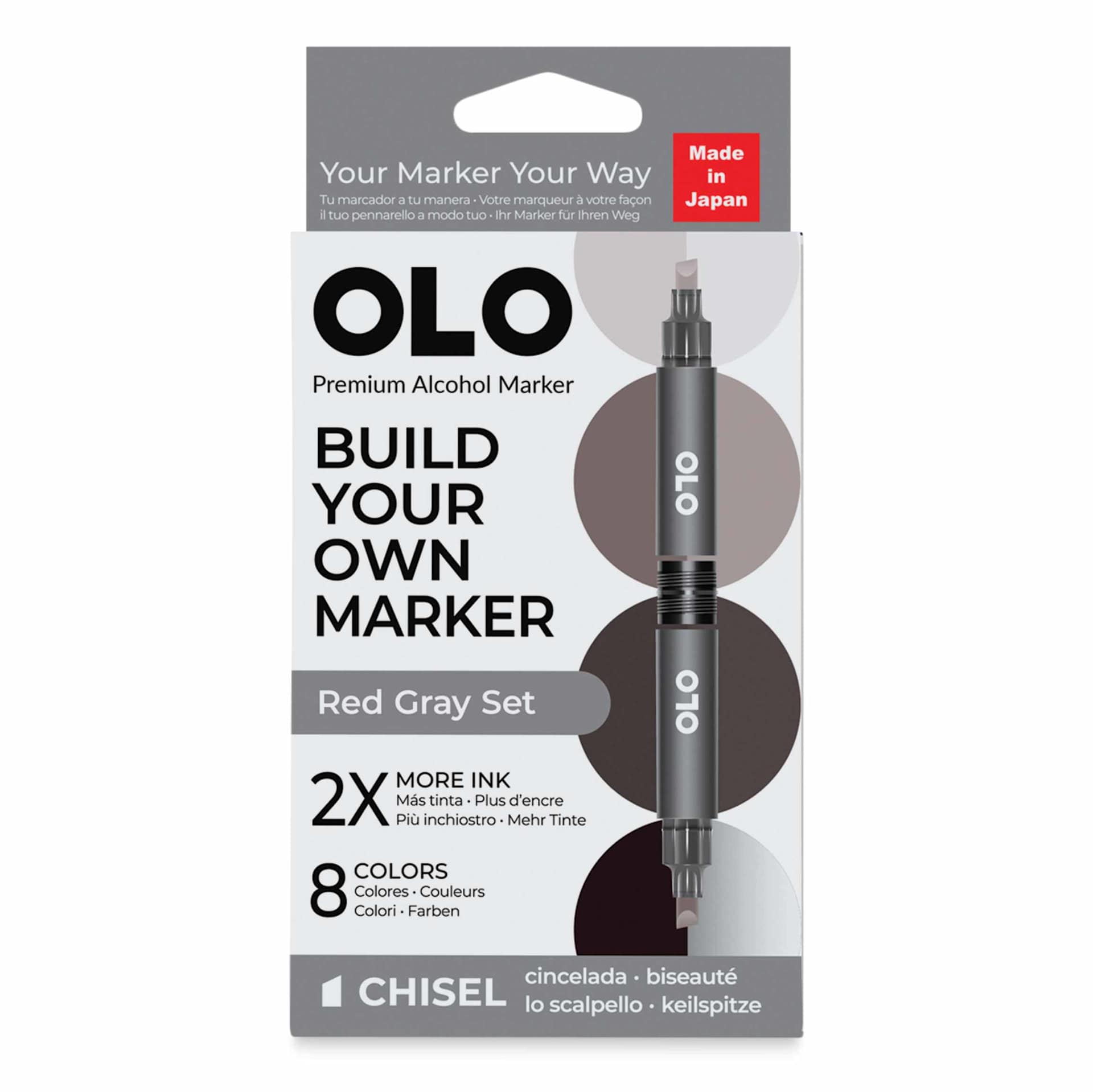 Olo Chisel Dual-Tip Markers - Set of 8, Red Gray, front of packaging
