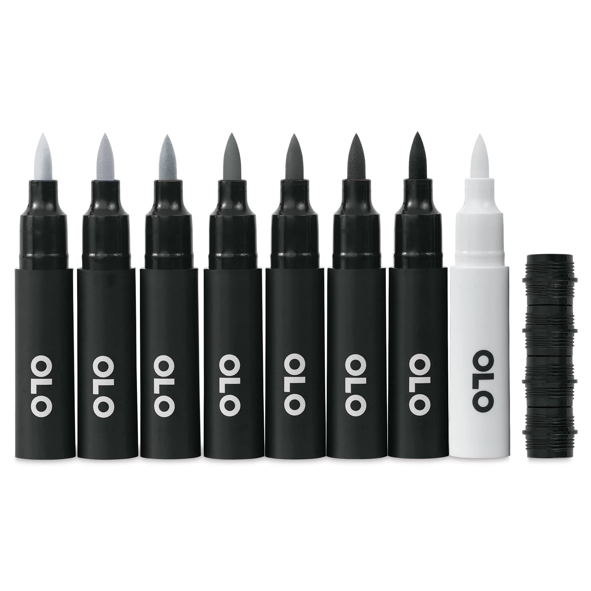 Olo Brush Dual-Tip Markers - Set of 8, Neutral Gray, caps off