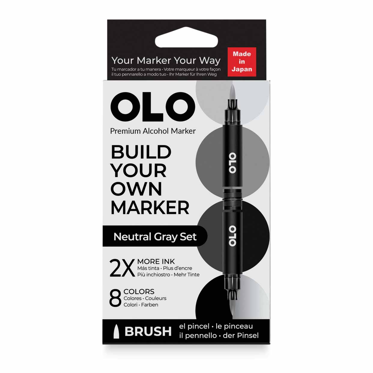 Olo Brush Dual-Tip Markers - Set of 8, Neutral Gray, front of packaging