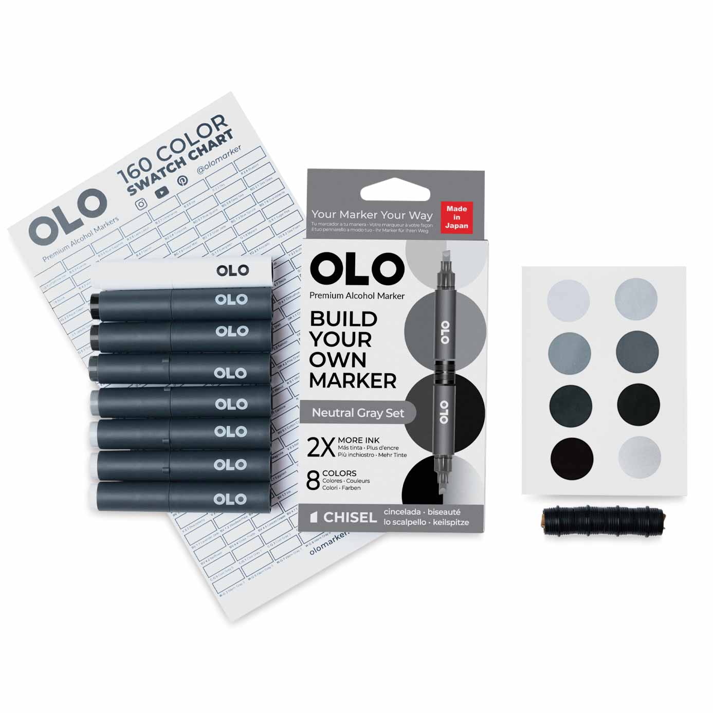 Olo Chisel Dual-Tip Markers - Set of 8, Neutral Gray, contents