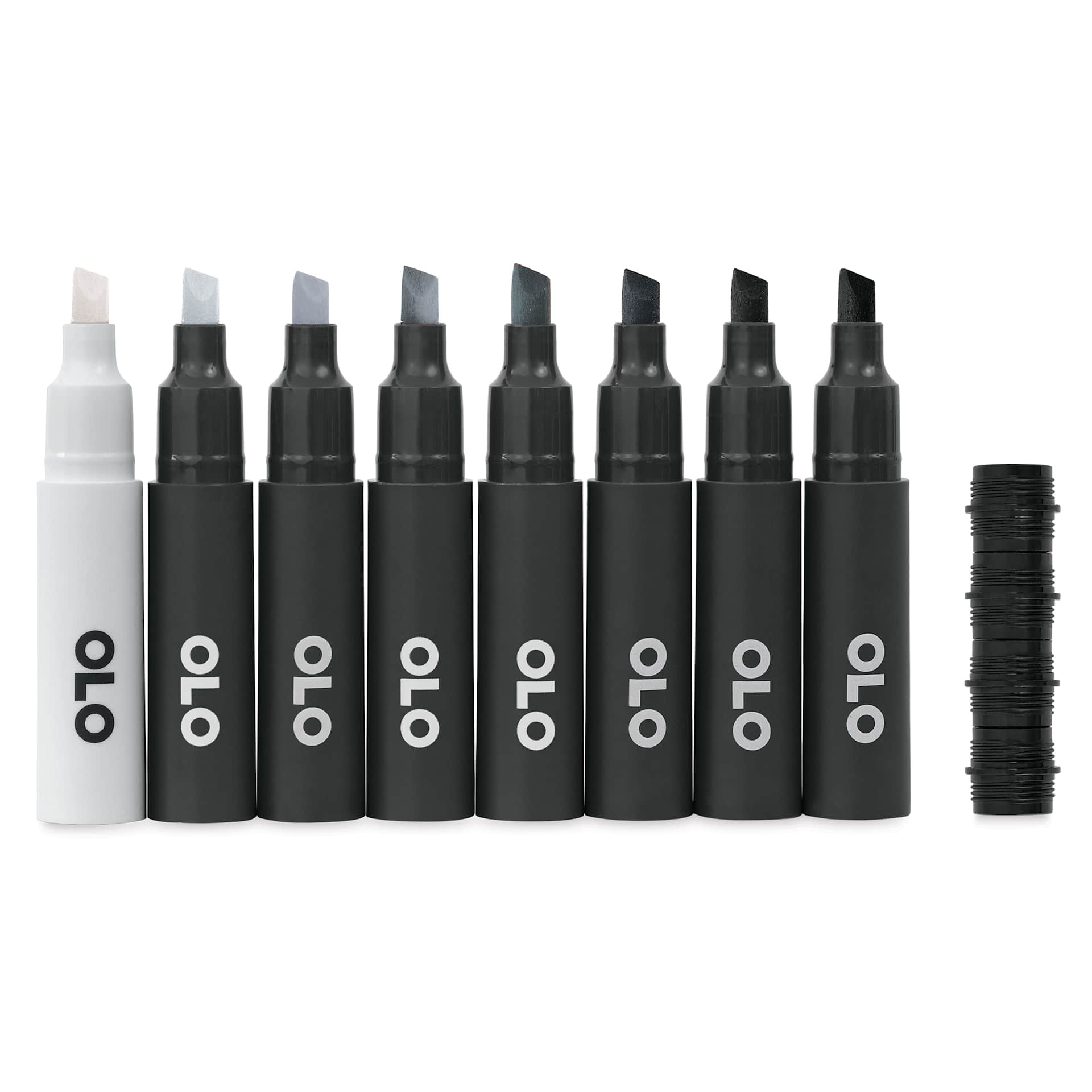 Olo Chisel Dual-Tip Markers - Set of 8, Neutral Gray, caps off