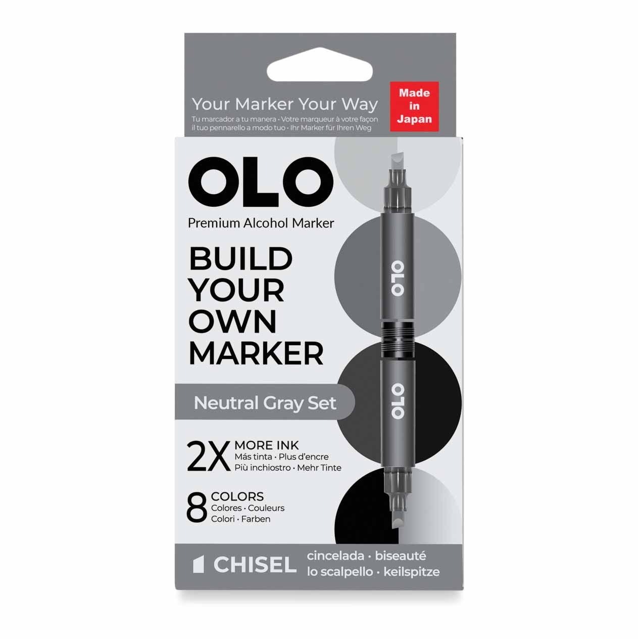 Olo Chisel Dual-Tip Markers - Set of 8, Neutral Gray, front of packaging