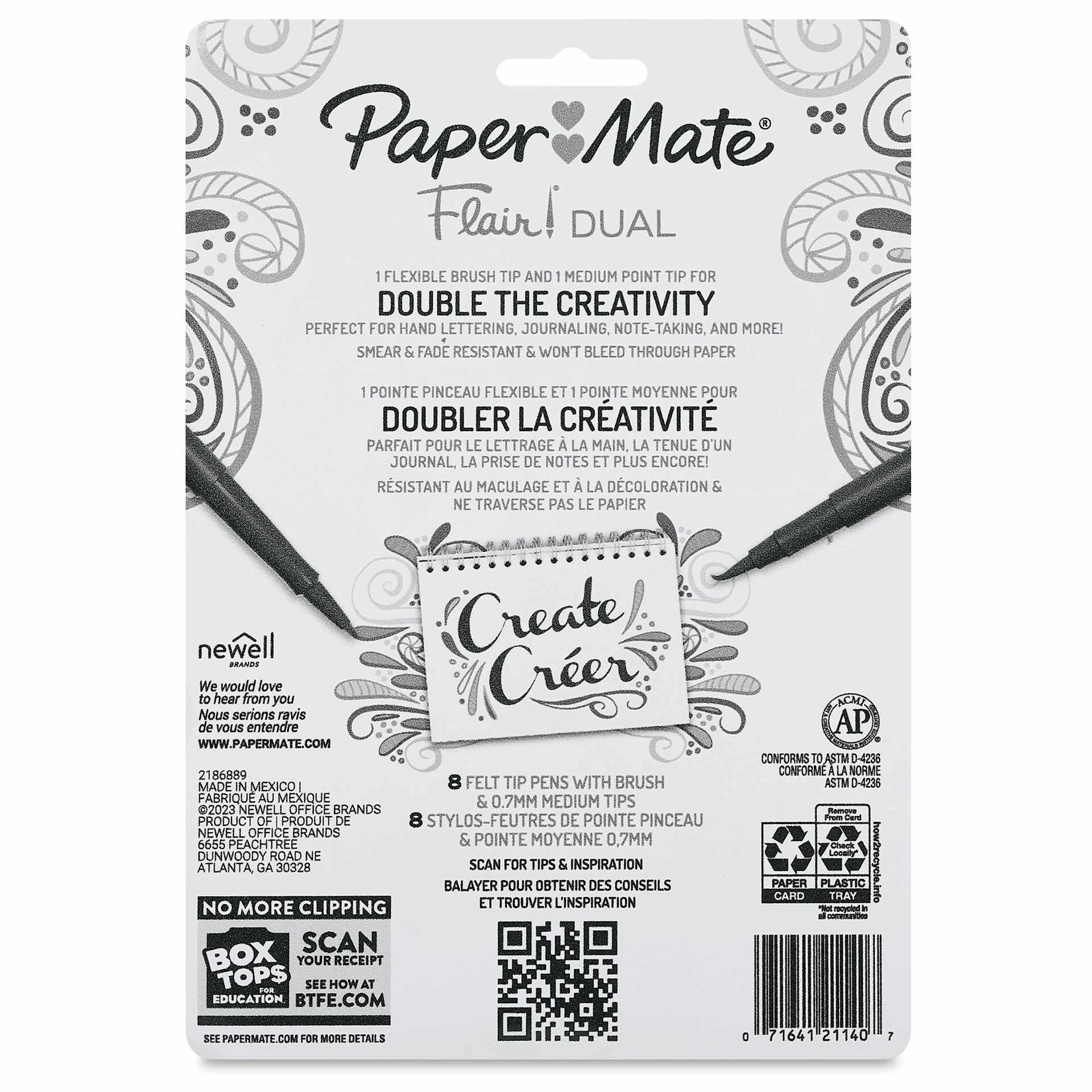 Paper Mate Flair Dual Tip Pens - Set of 8, back of the packaging