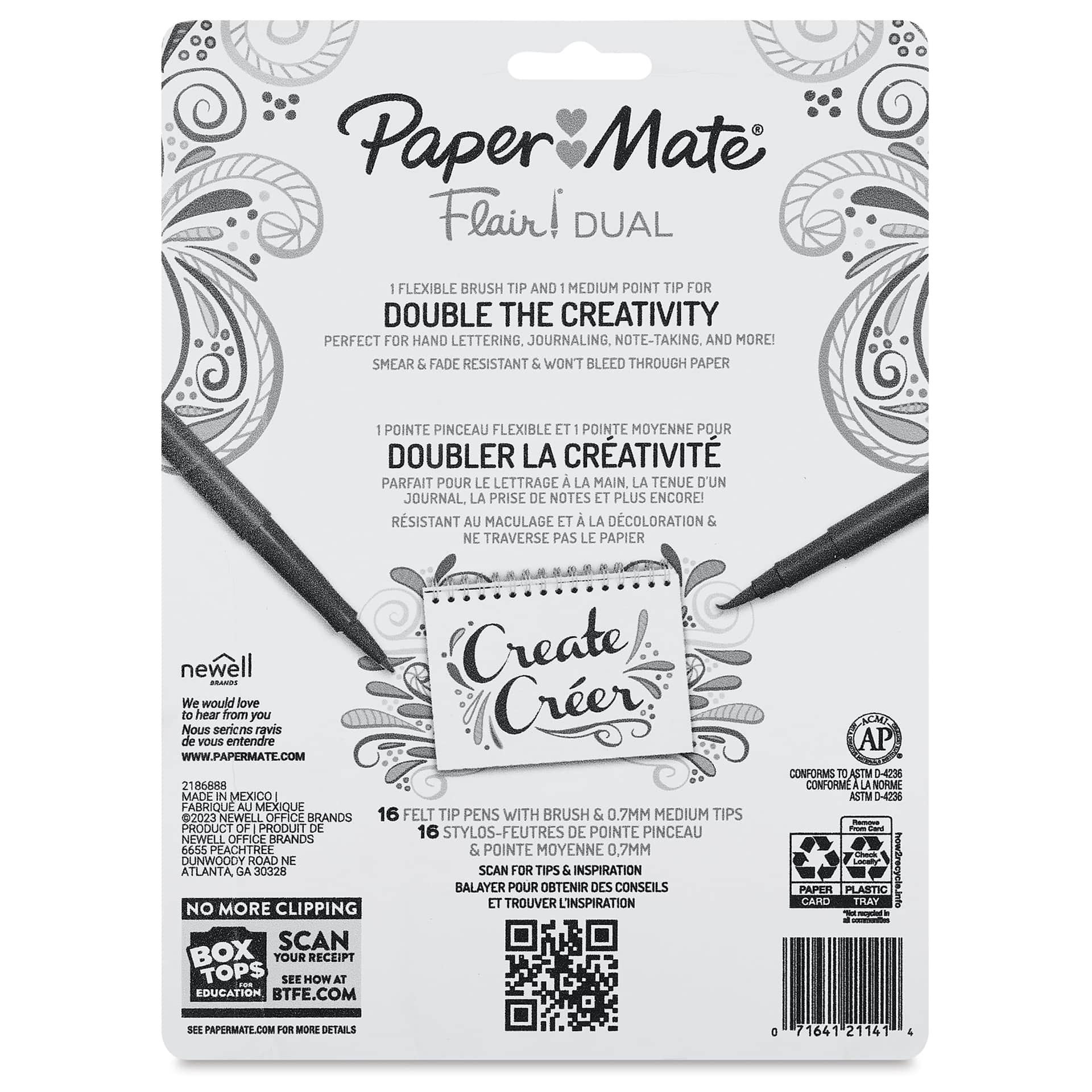 Paper Mate Flair Dual Tip Pens - Set of 16, back of the packaging