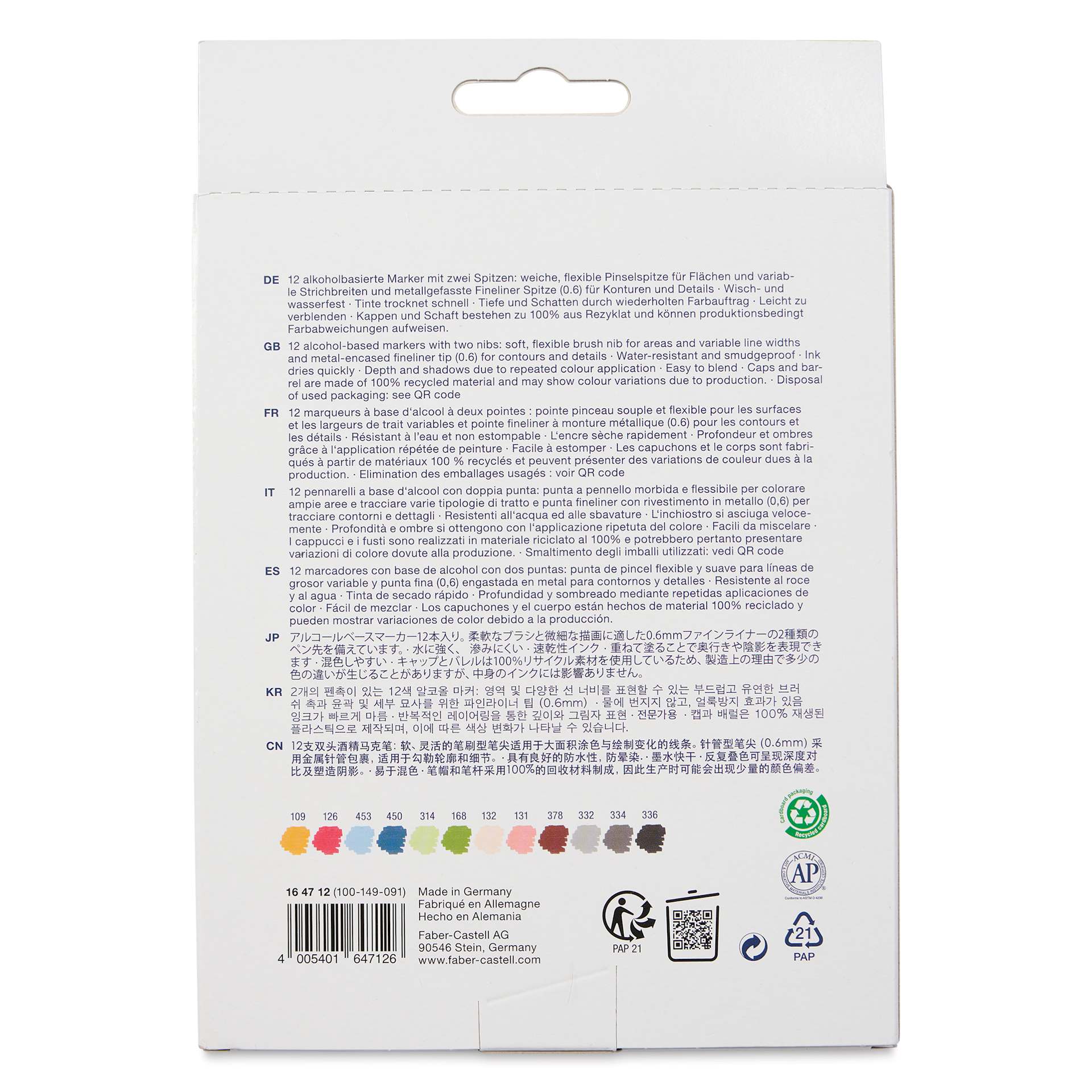 Faber-Castell Goldfaber Sketch Dual-Tip Markers - Assorted Colors, Set of 12, back of the packaging