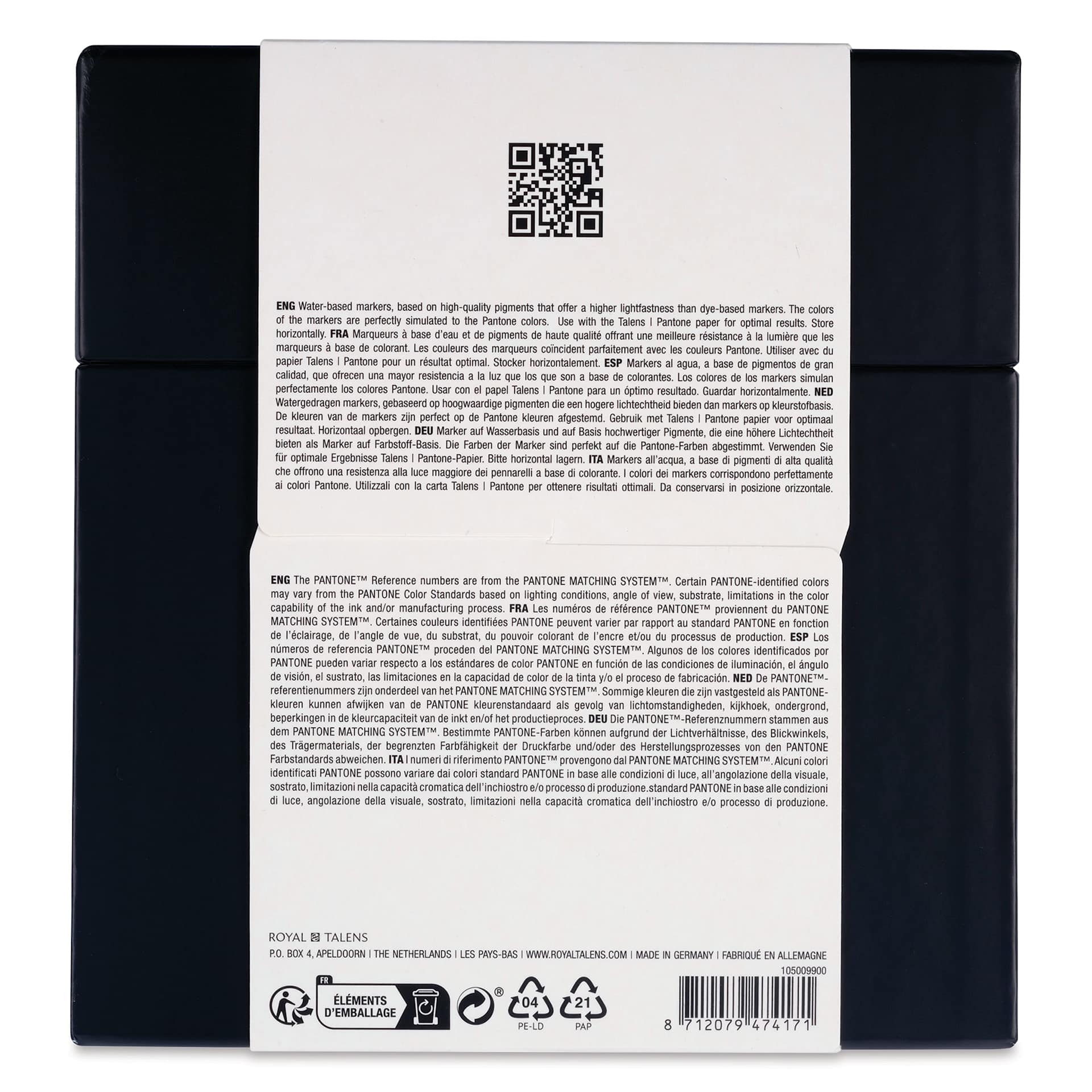 Talens Pantone Dual Tip Empty Marker Box, back of the packaging