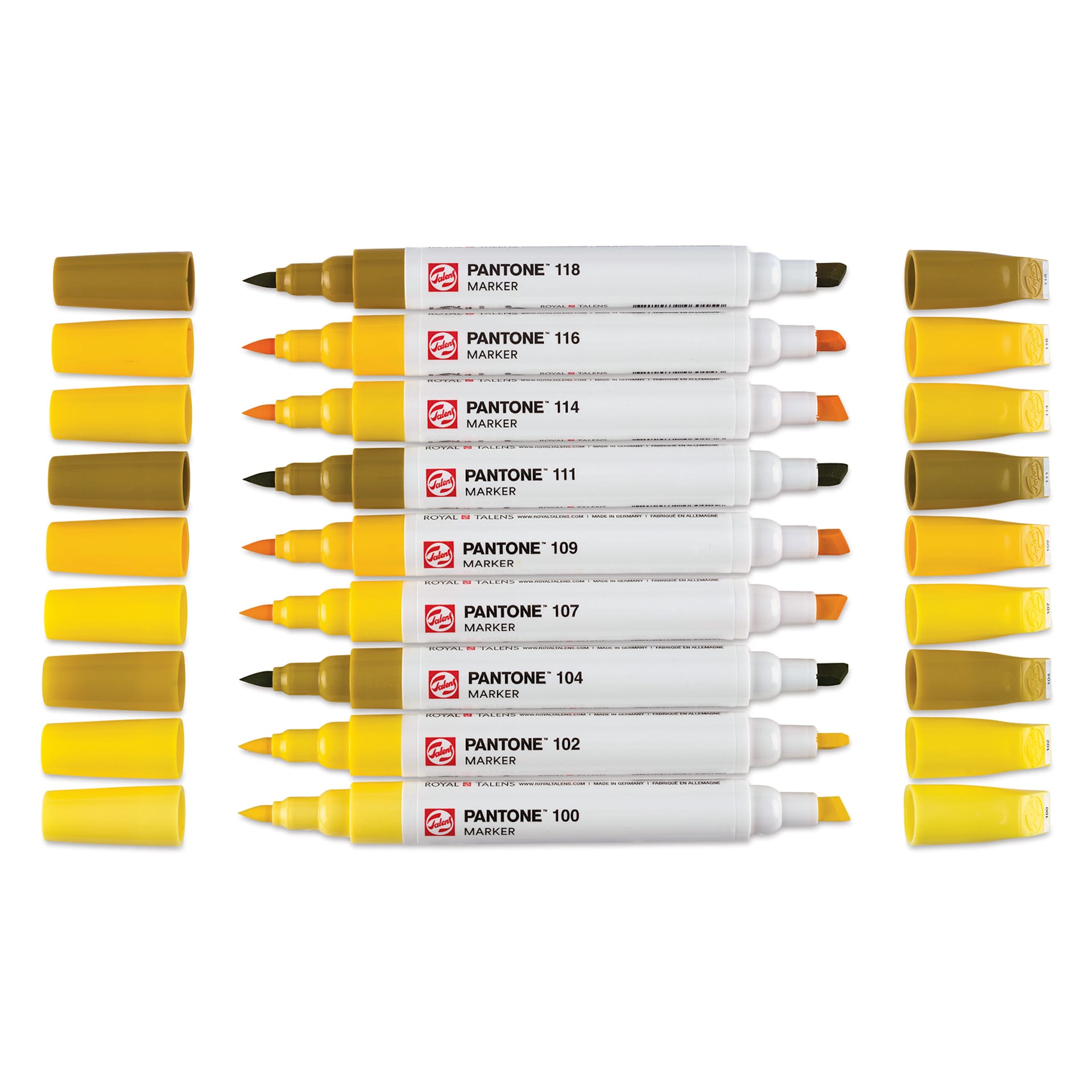 Pantone Dual Tip Markers - Yellow, Set of 9, markers laid out with no caps