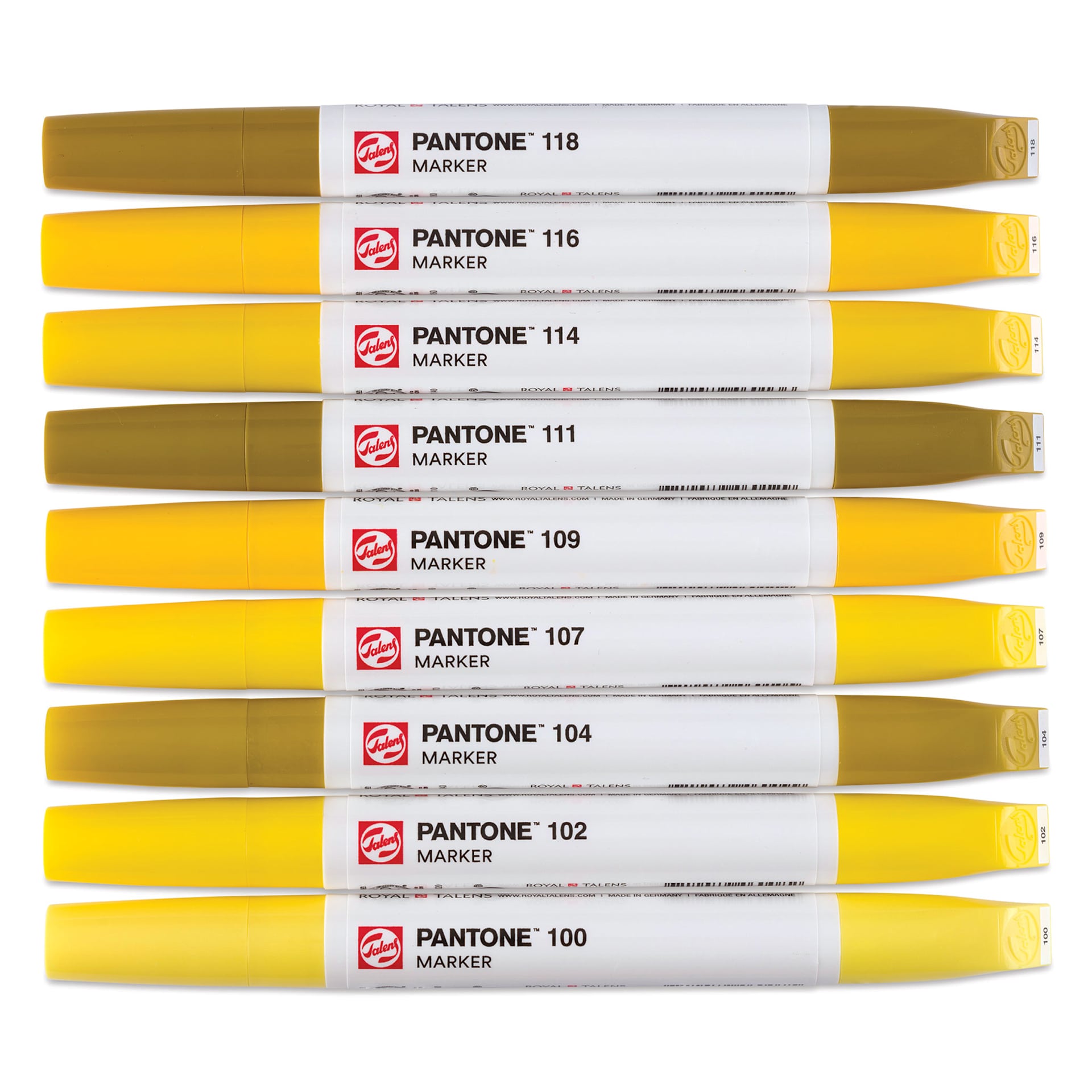 Pantone Dual Tip Markers - Yellow, Set of 9, markers laid out with caps on