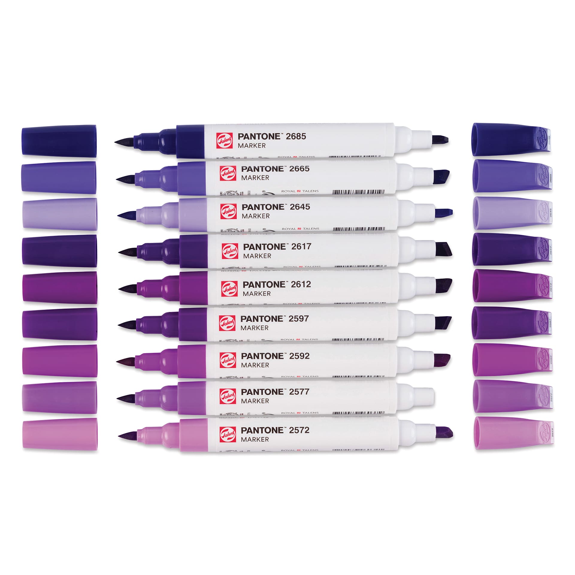 Pantone Dual Tip Markers - Purple, Set of 9, markers laid out with caps off