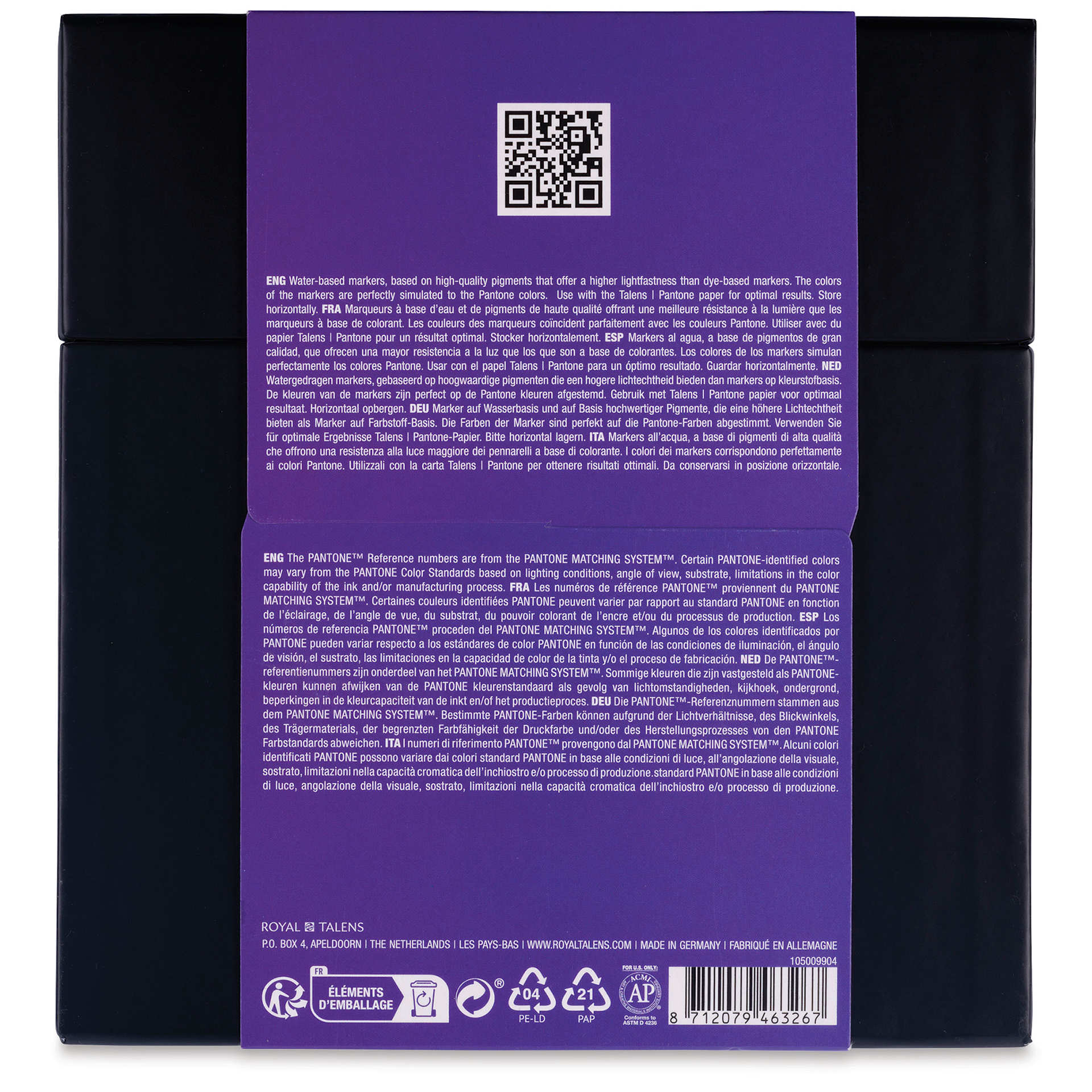 Pantone Dual Tip Markers - Purple, Set of 9, back of the packaging